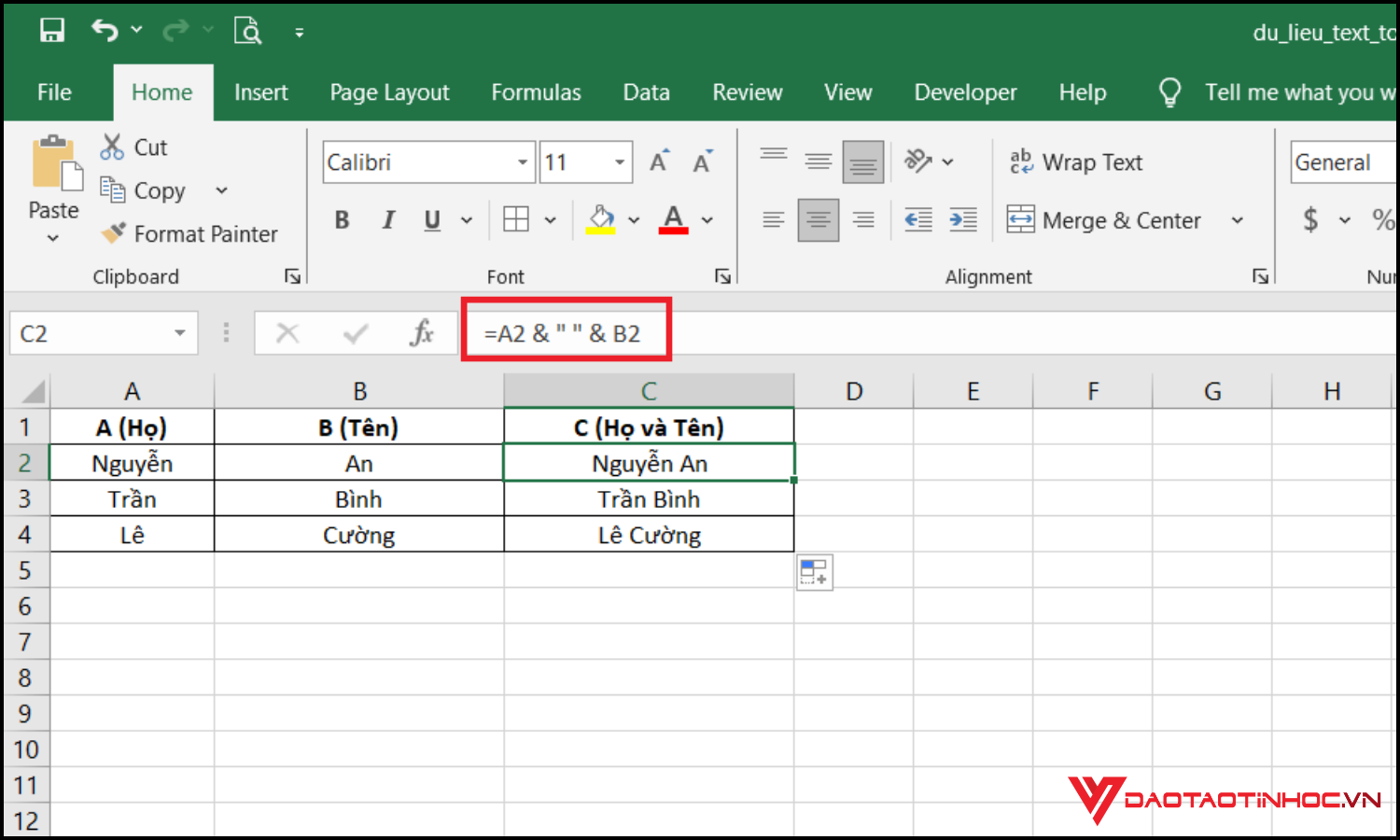 Dùng toán tử & để nối chuỗi trong Excel