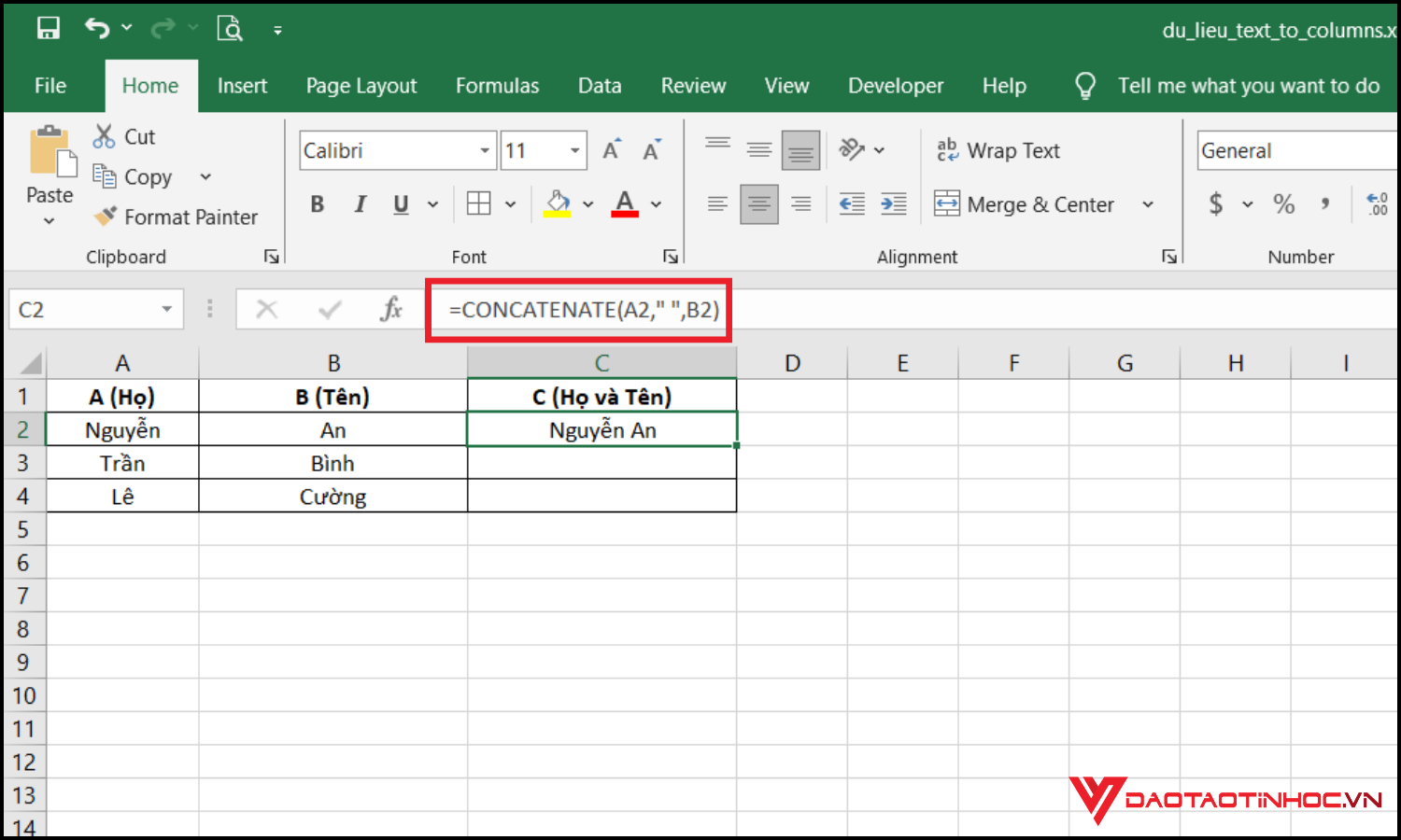 Hàm nối trong Excel CONCATENATE bước 1