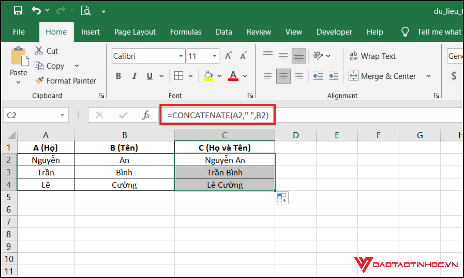 Hàm nối trong Excel CONCATENATE bước 2