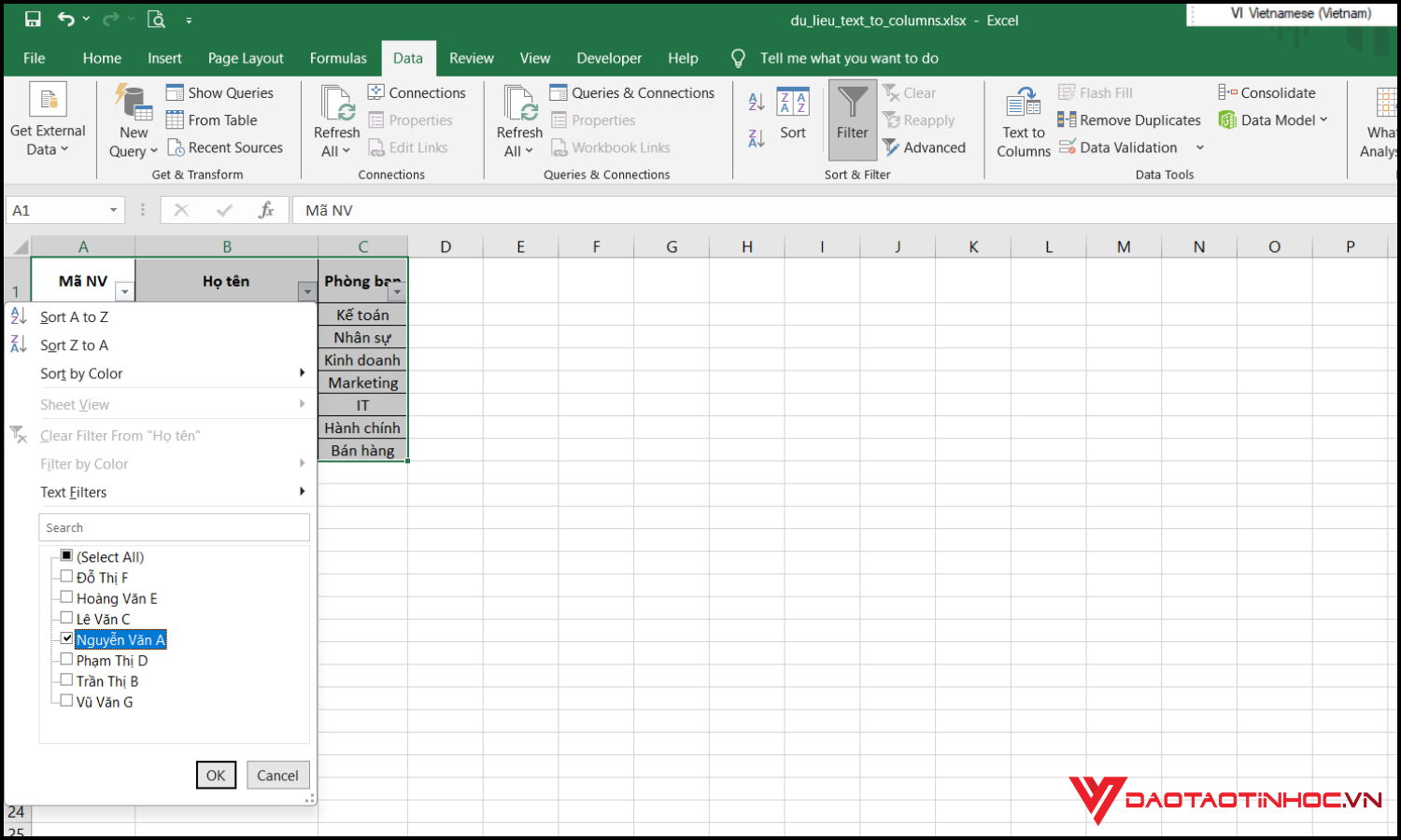 Tìm kiếm tên trong Excel bằng Filter bước 3