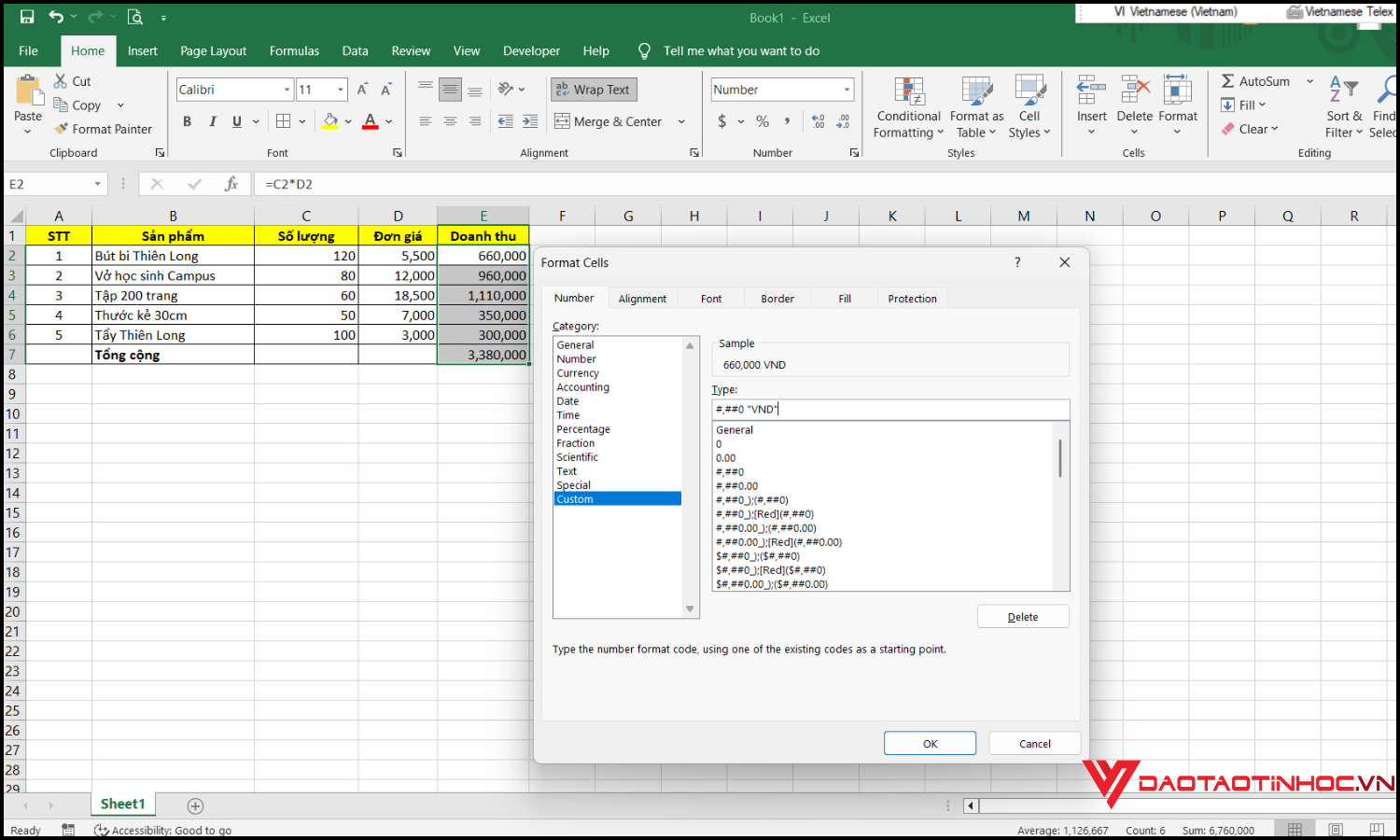 Cách định dạng VND trong Excel bằng định dạng tùy chỉnh
