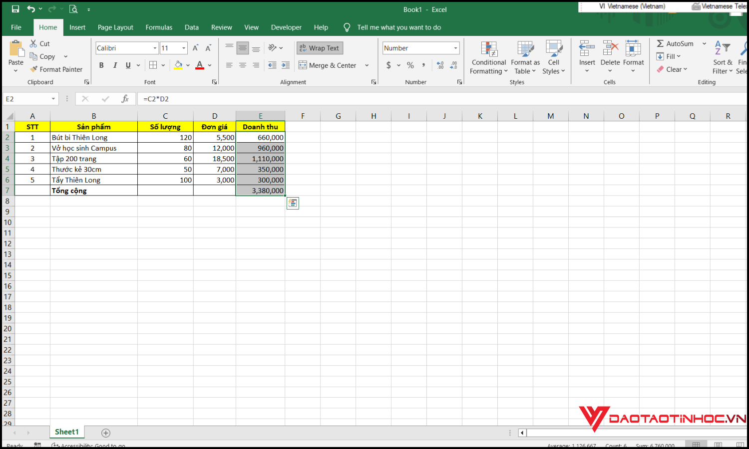 Cách định dạng tiền VND trong Excel bước 1