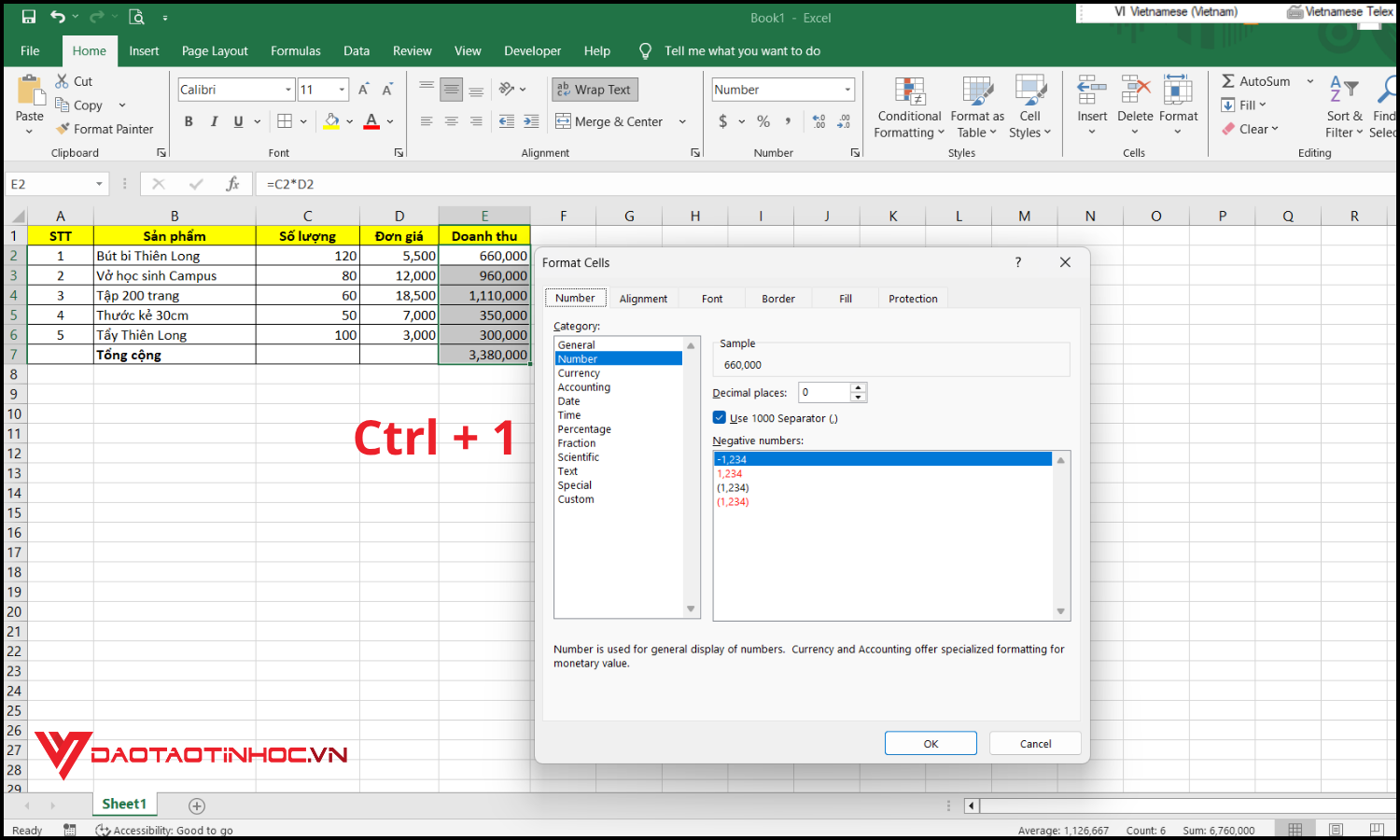 Cách định dạng tiền VND trong Excel bước 2