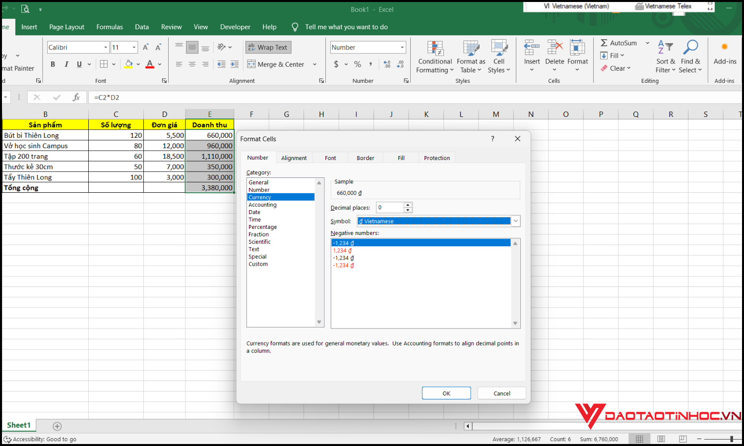 Cách định dạng tiền VND trong Excel bước 3