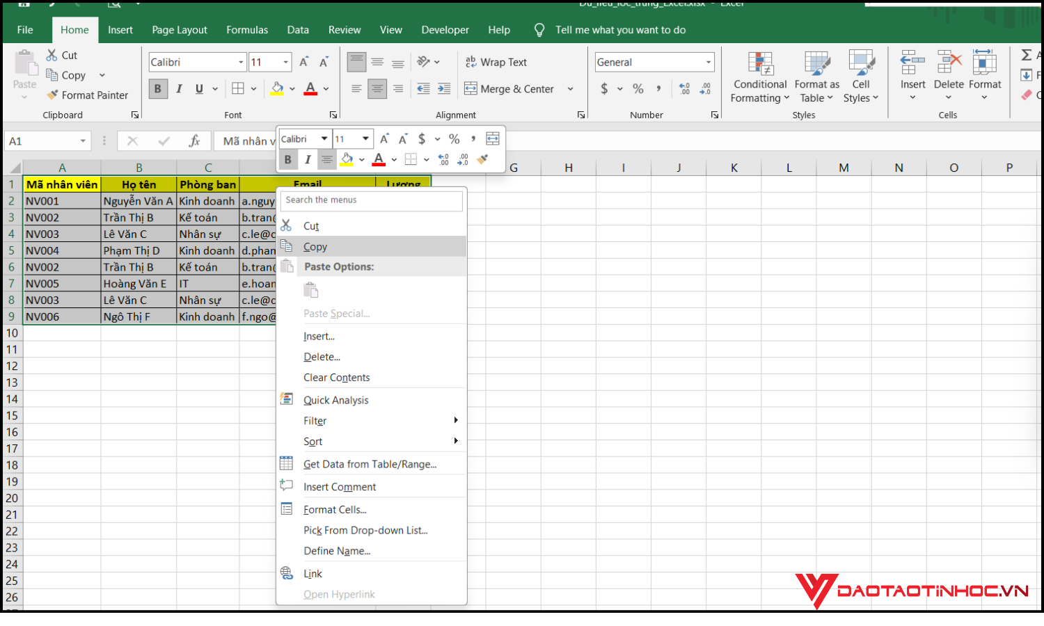 Cách copy trong Excel giữ nguyên định dạng bằng chuột phải bước 2