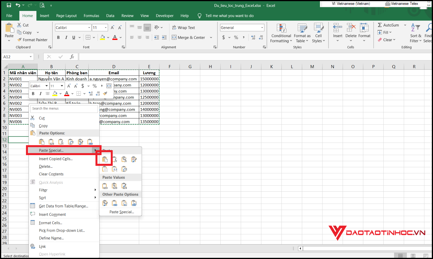 Dùng Paste Special để copy trong Excel giữ nguyên định dạng bước 3