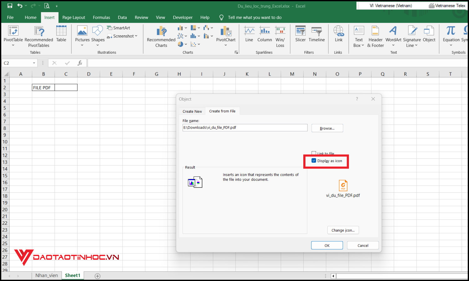 cách chèn file PDF vào Excel bước 3