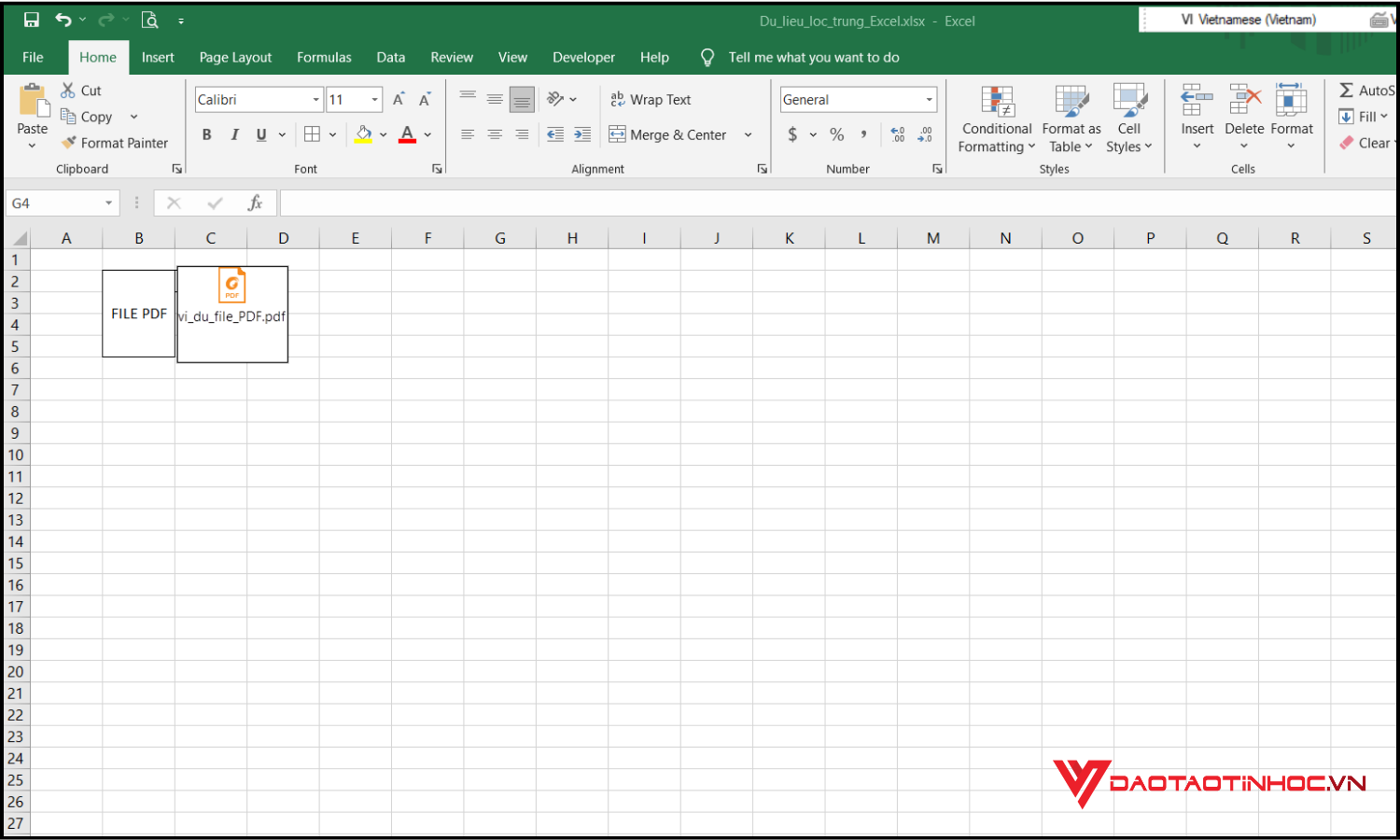 cách chèn file PDF vào Excel bước 4
