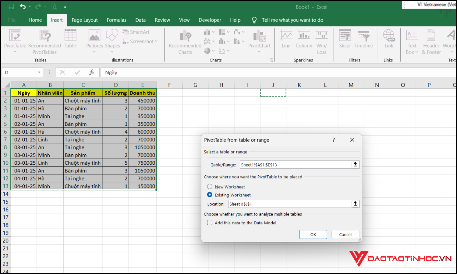 Cách tạo Pivot Table trong Excel bước 3
