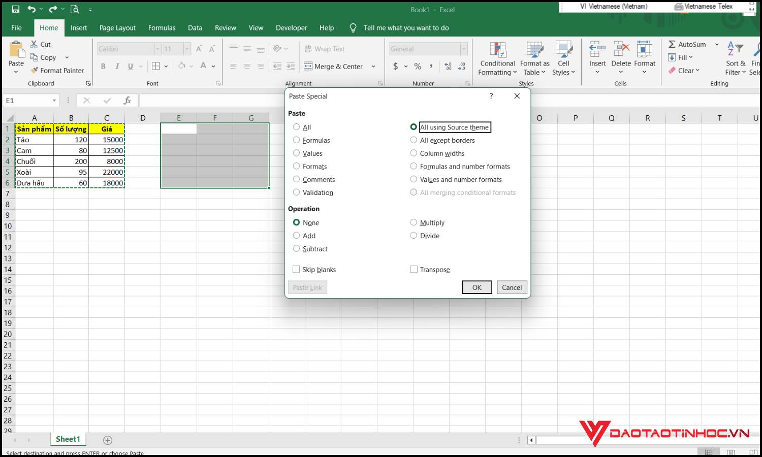 Dùng tổ hợp phím tắt Ctrl + C và Ctrl + Alt + V