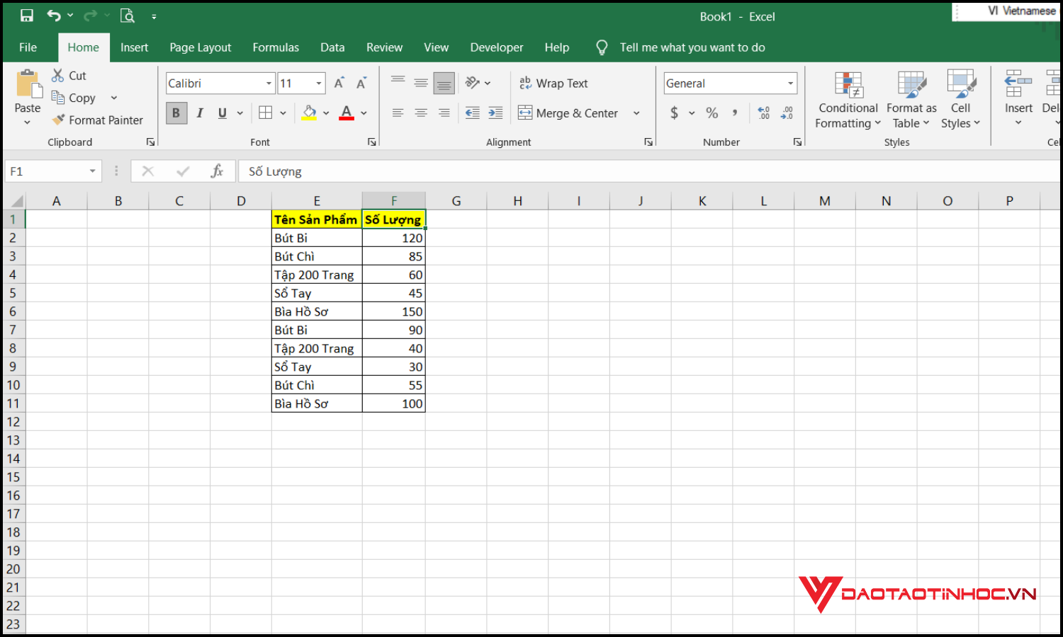 Lập bảng thống kê số lượng trong Excel bước 1