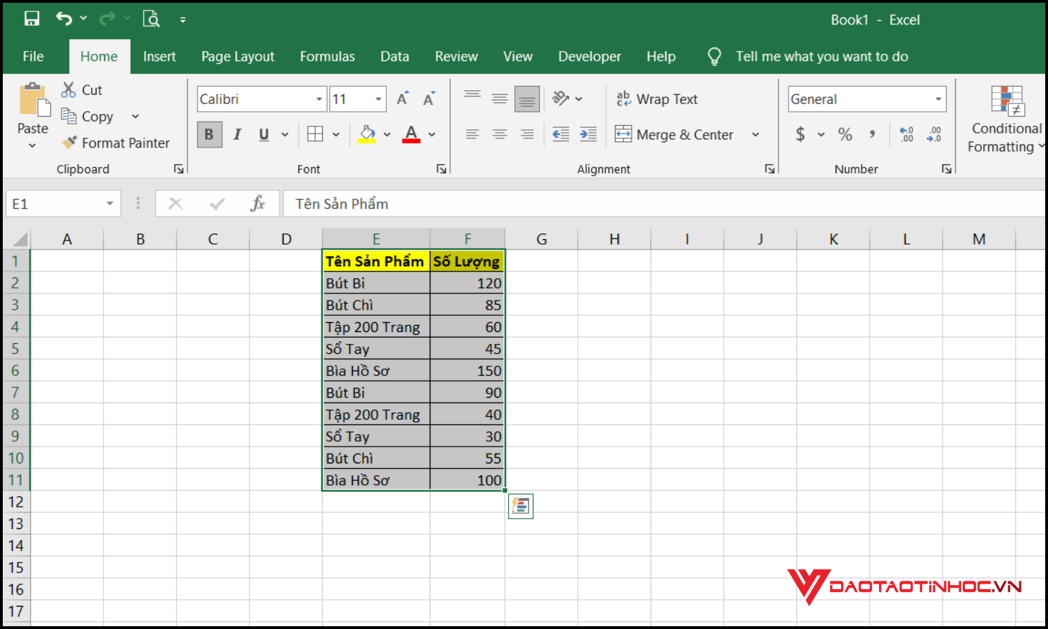 Lập bảng thống kê số lượng trong Excel bước 2