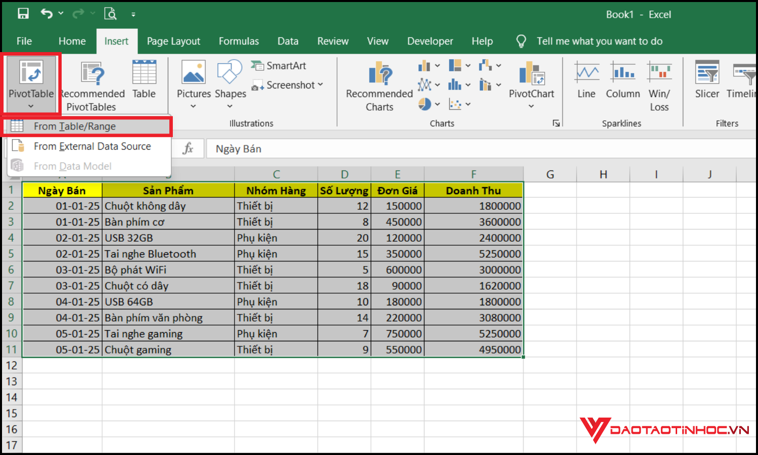 Sử dụng Pivot Tables để lập báo cáo thống kê ở Excel bước 3