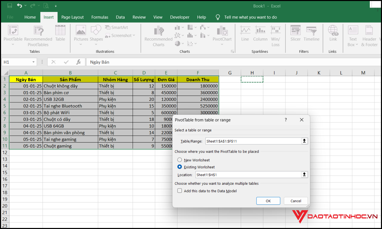 Sử dụng Pivot Tables để lập báo cáo thống kê ở Excel bước 4