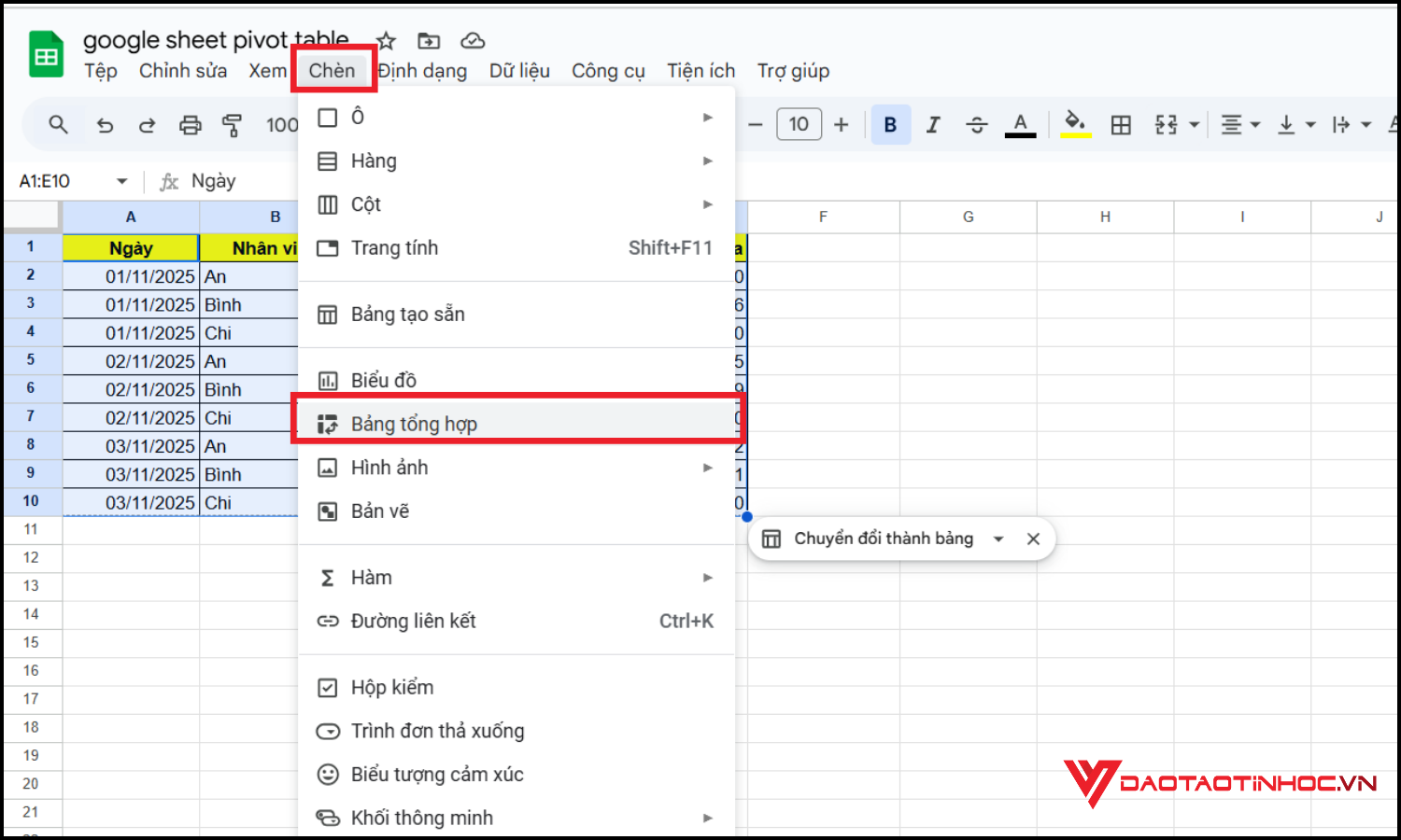 Tạo Google Sheets pivot table bước 2
