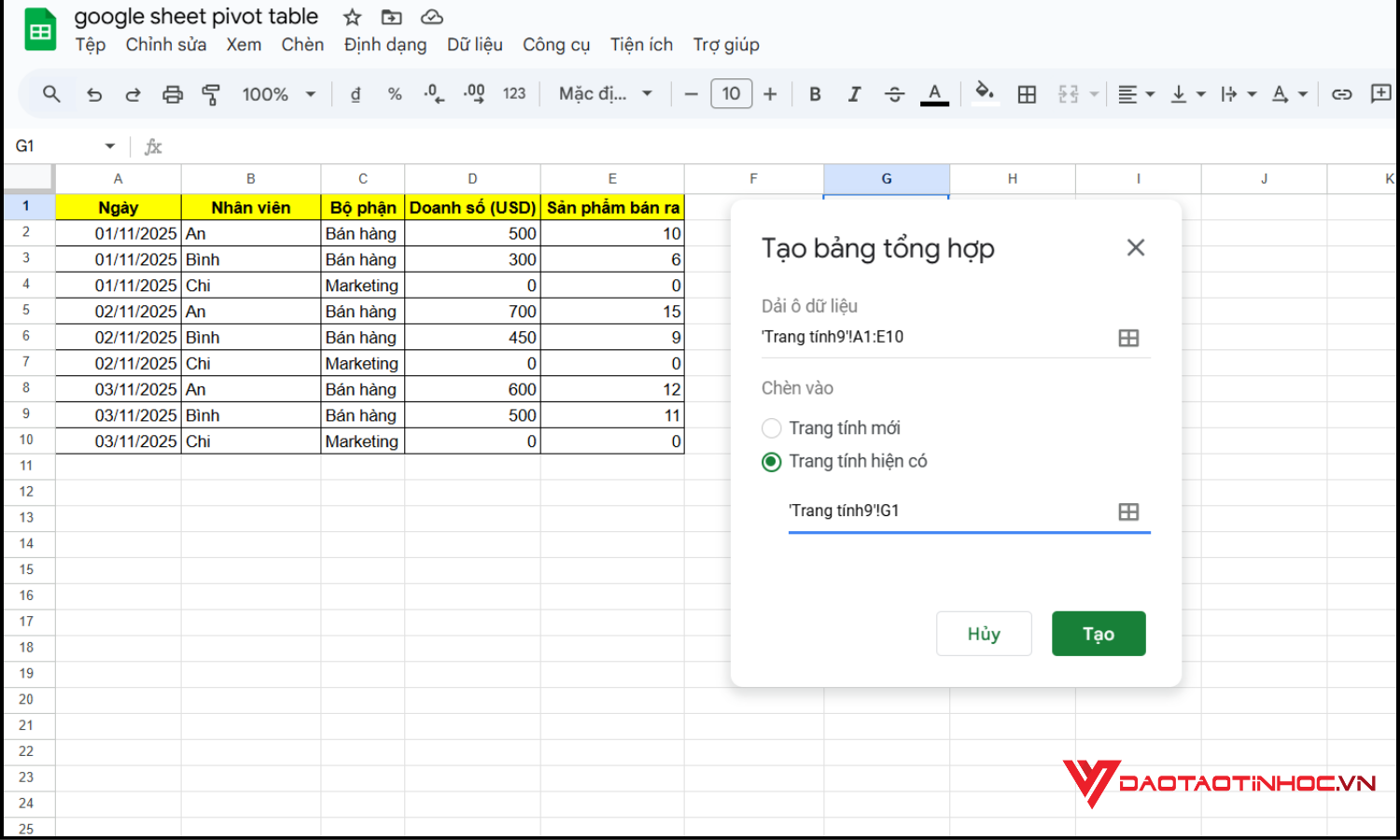 Tạo Google Sheets pivot table bước 3