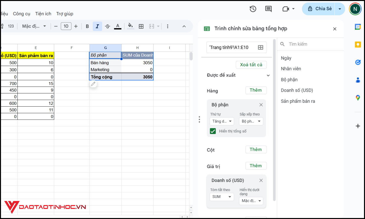 Tạo Google Sheets pivot table bước 4