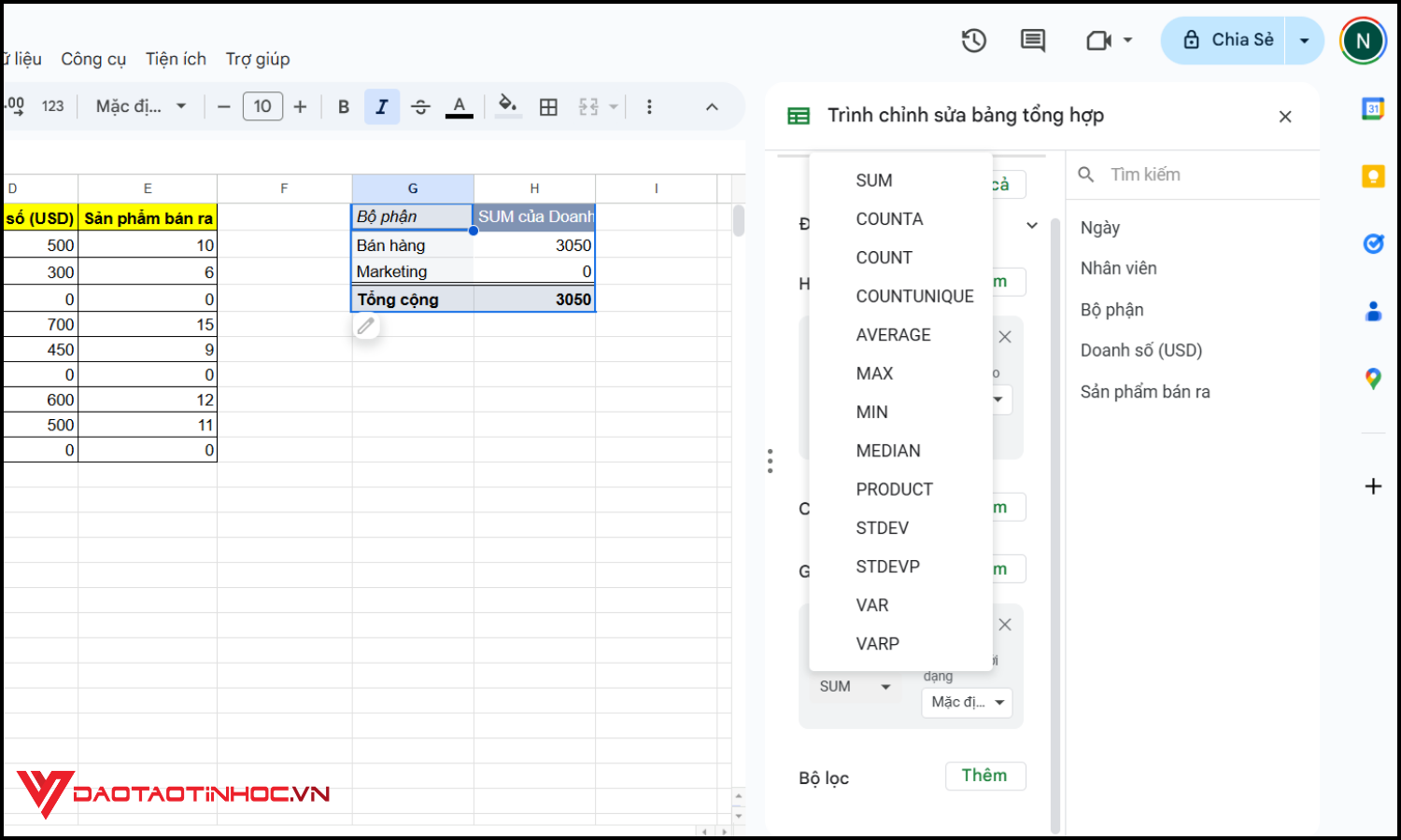 Tạo Google Sheets pivot table bước 5
