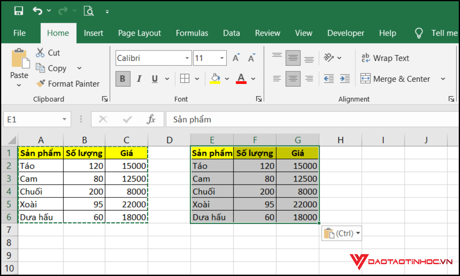 Cách copy trong excel giữ nguyên định dạng