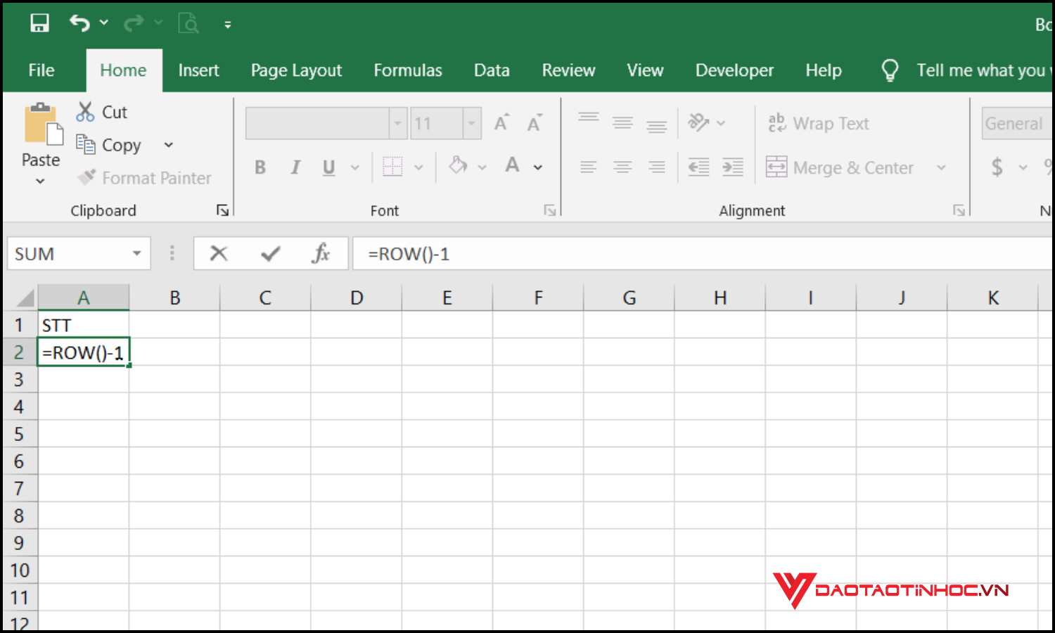 Đánh số thứ tự nhanh trong Excel bằng hàm ROW bước 1