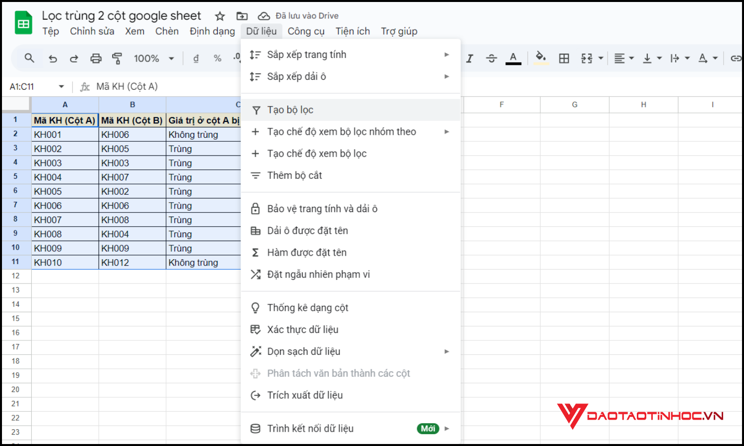 Lọc trùng 2 cột Google Sheet bằng hàm COUNTIF bước 3