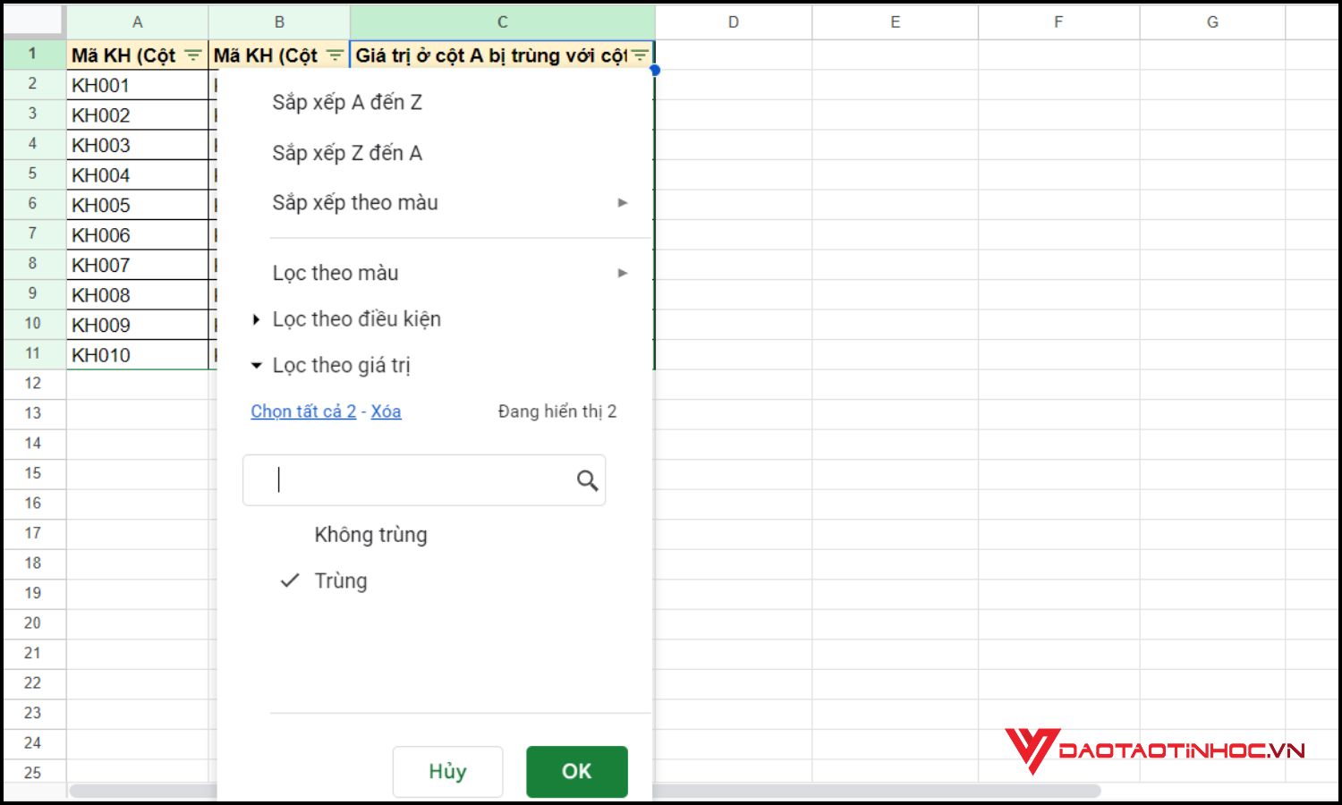 Lọc trùng 2 cột Google Sheet bằng hàm COUNTIF bước 4