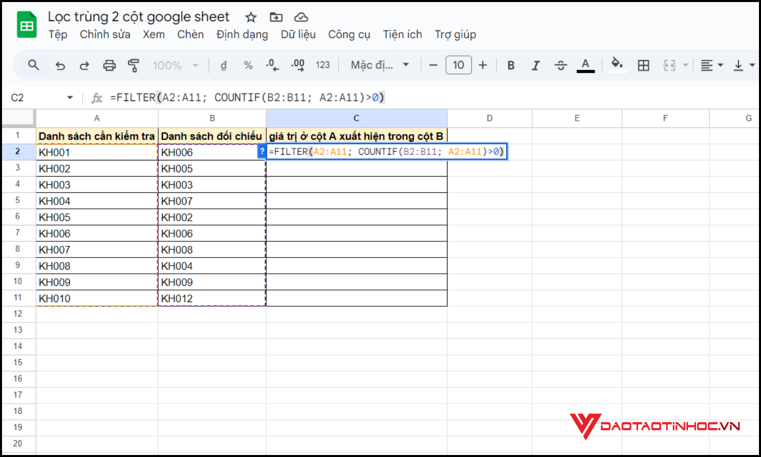 Lọc trùng 2 cột Google Sheet bằng hàm FILTER bước 2