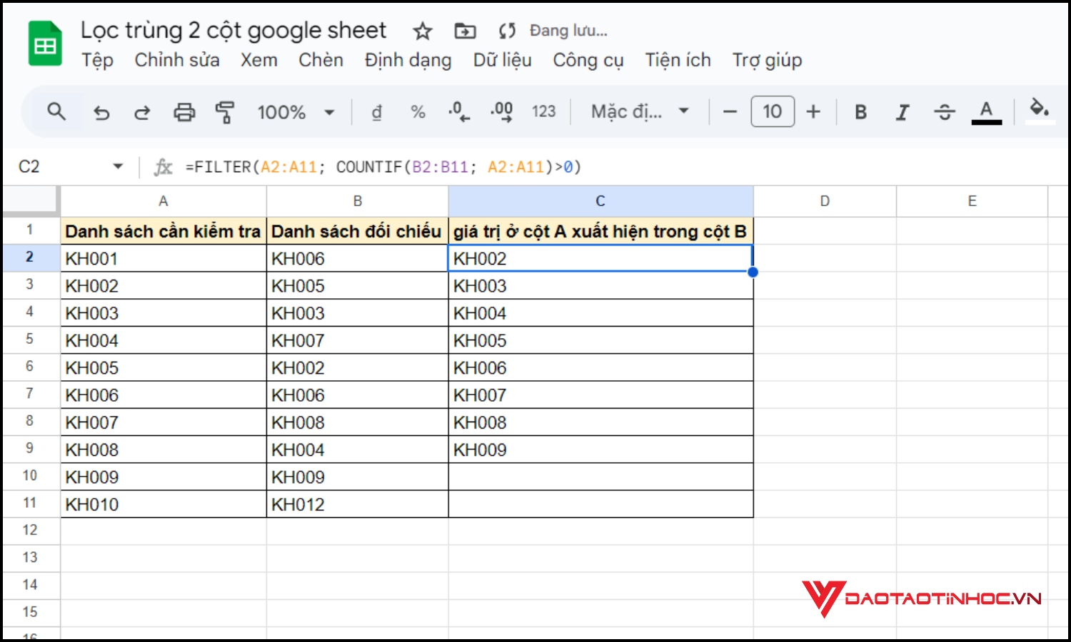 Lọc trùng 2 cột Google Sheet bằng hàm FILTER bước 3