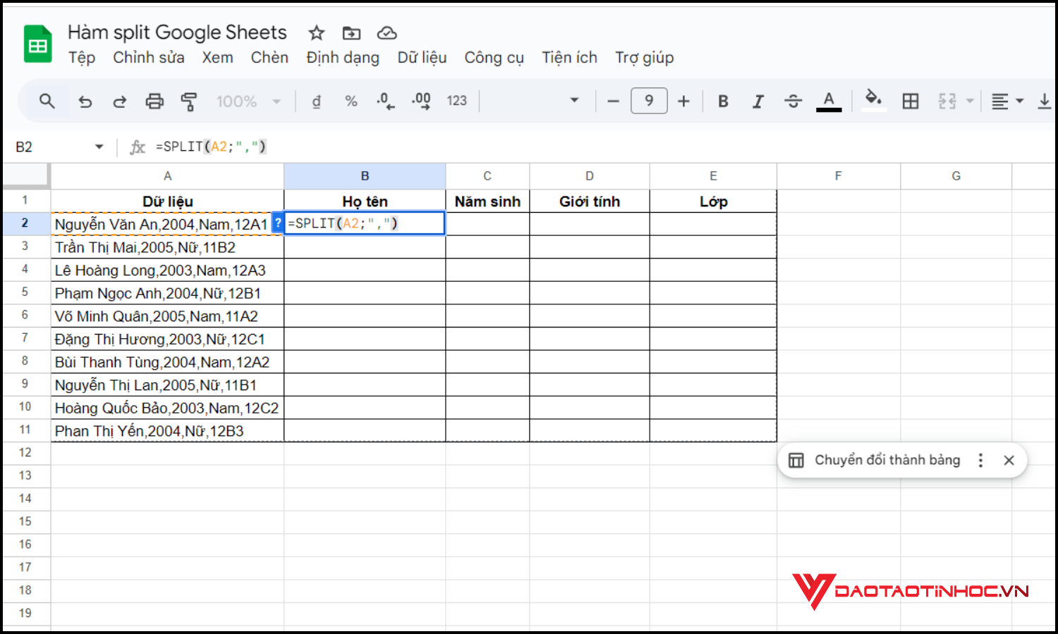 dùng hàm SPLIT Google Sheets tách dữ liệu bước 2