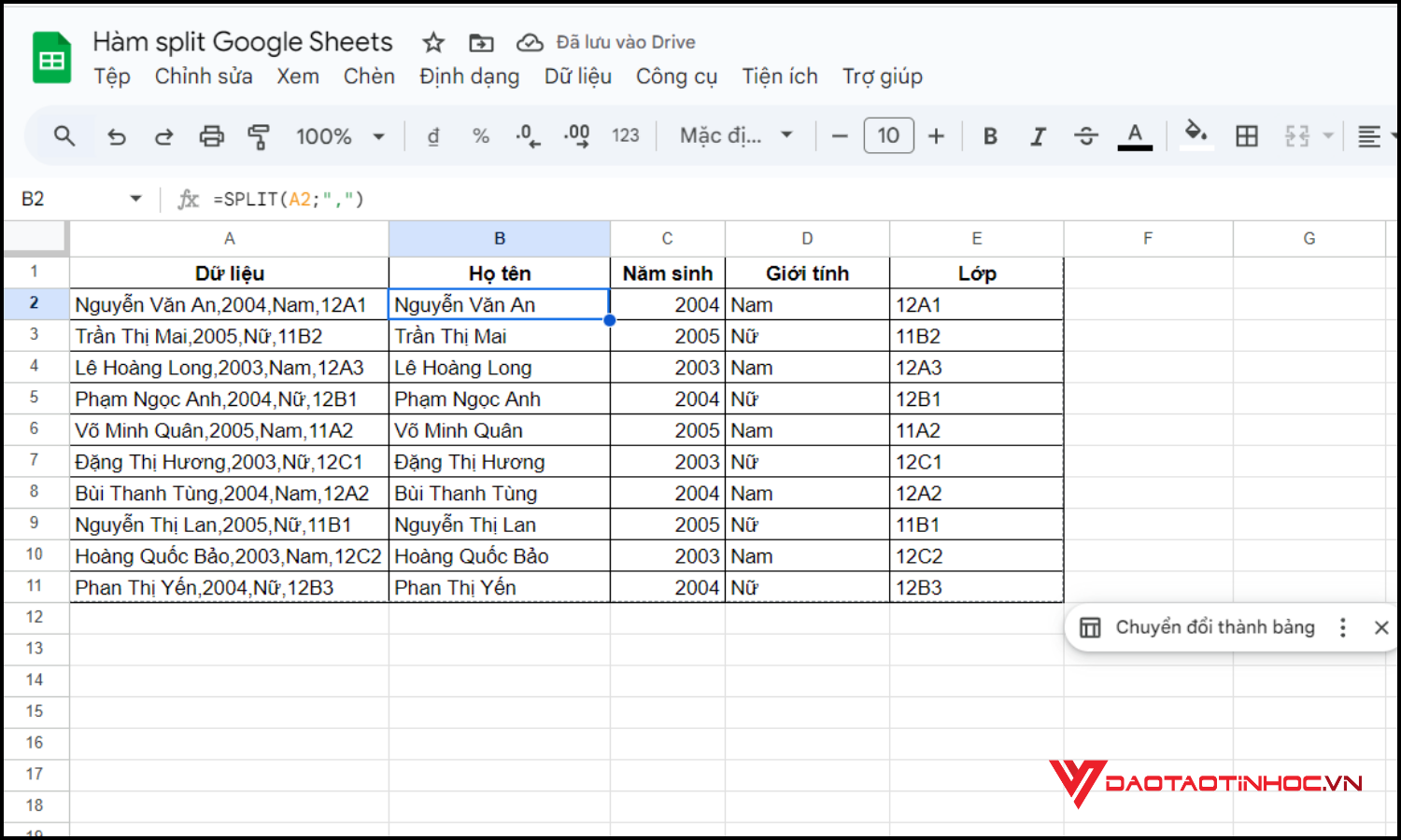 dùng hàm SPLIT Google Sheets tách dữ liệu bước 3
