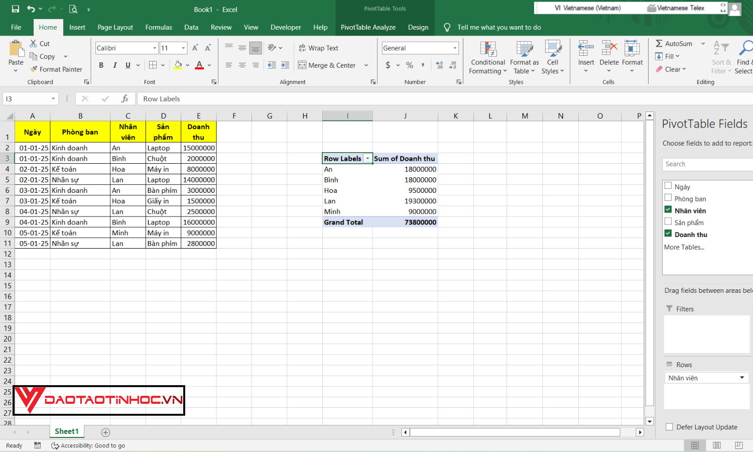 tách bảng thống kê Pivot Table ra từng Sheets tự động bước 1