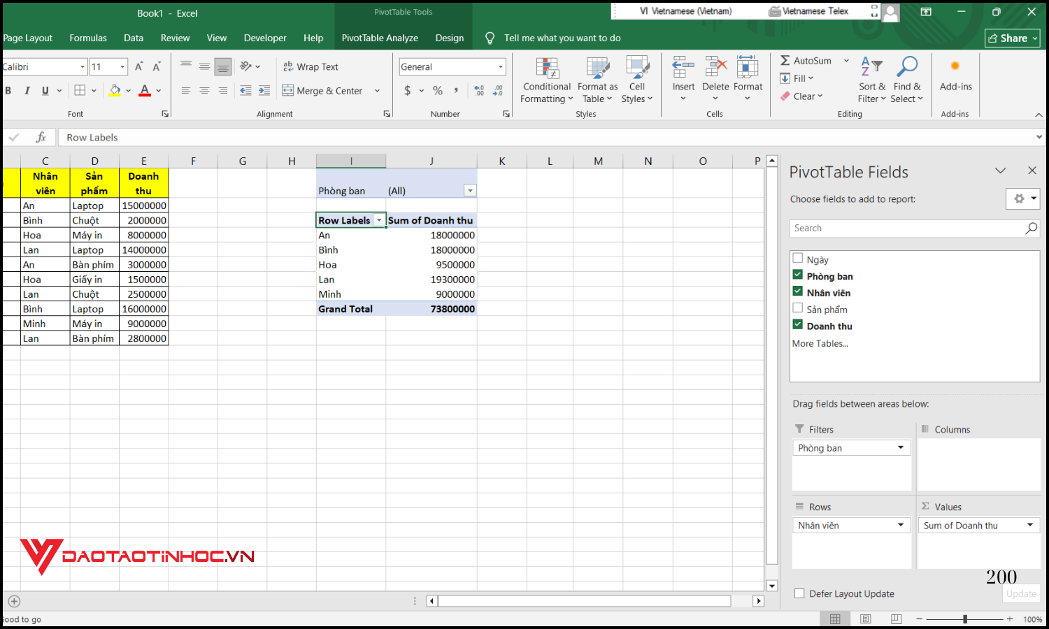 tách bảng thống kê Pivot Table ra từng Sheets tự động bước 2