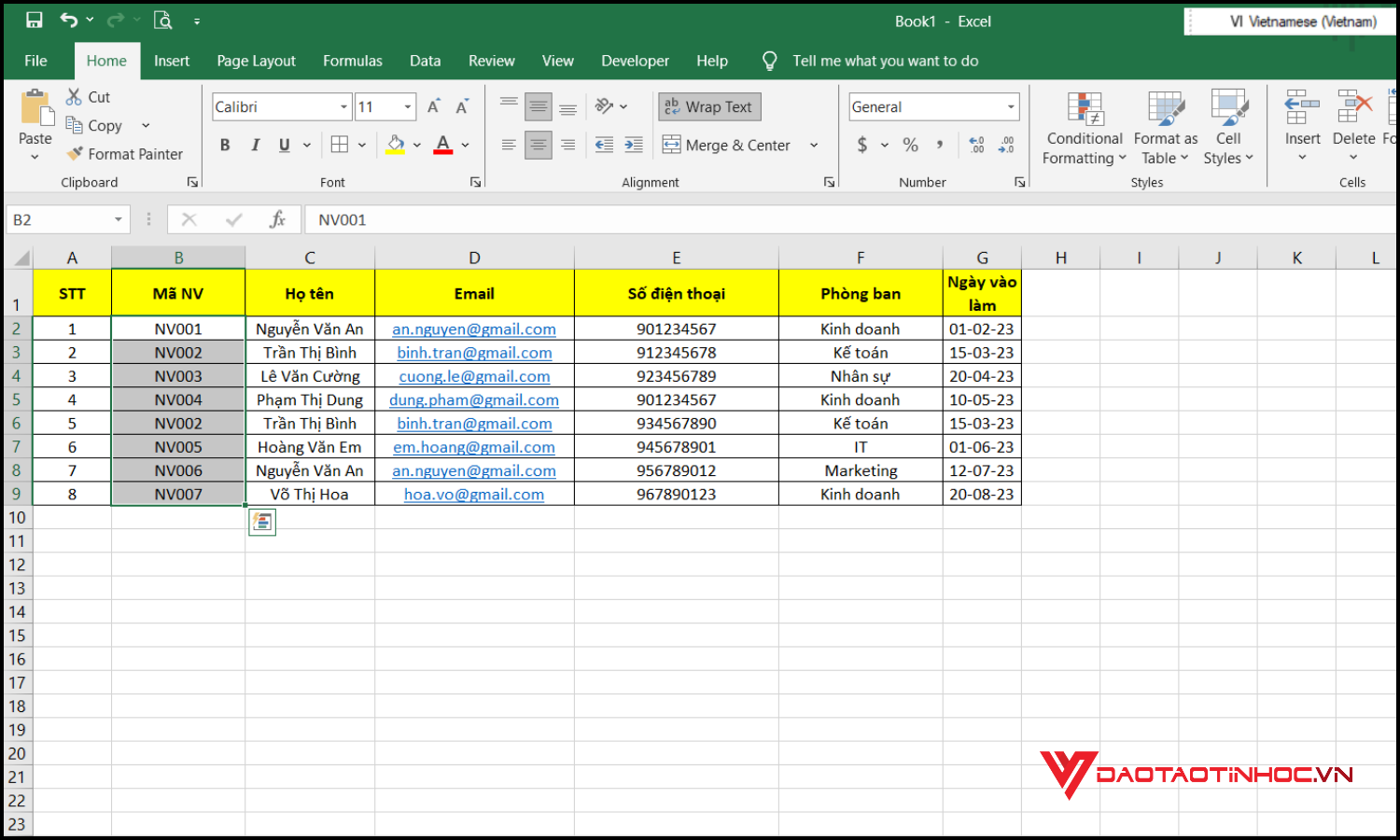 Cách báo trùng dữ liệu trong Excel bước 1