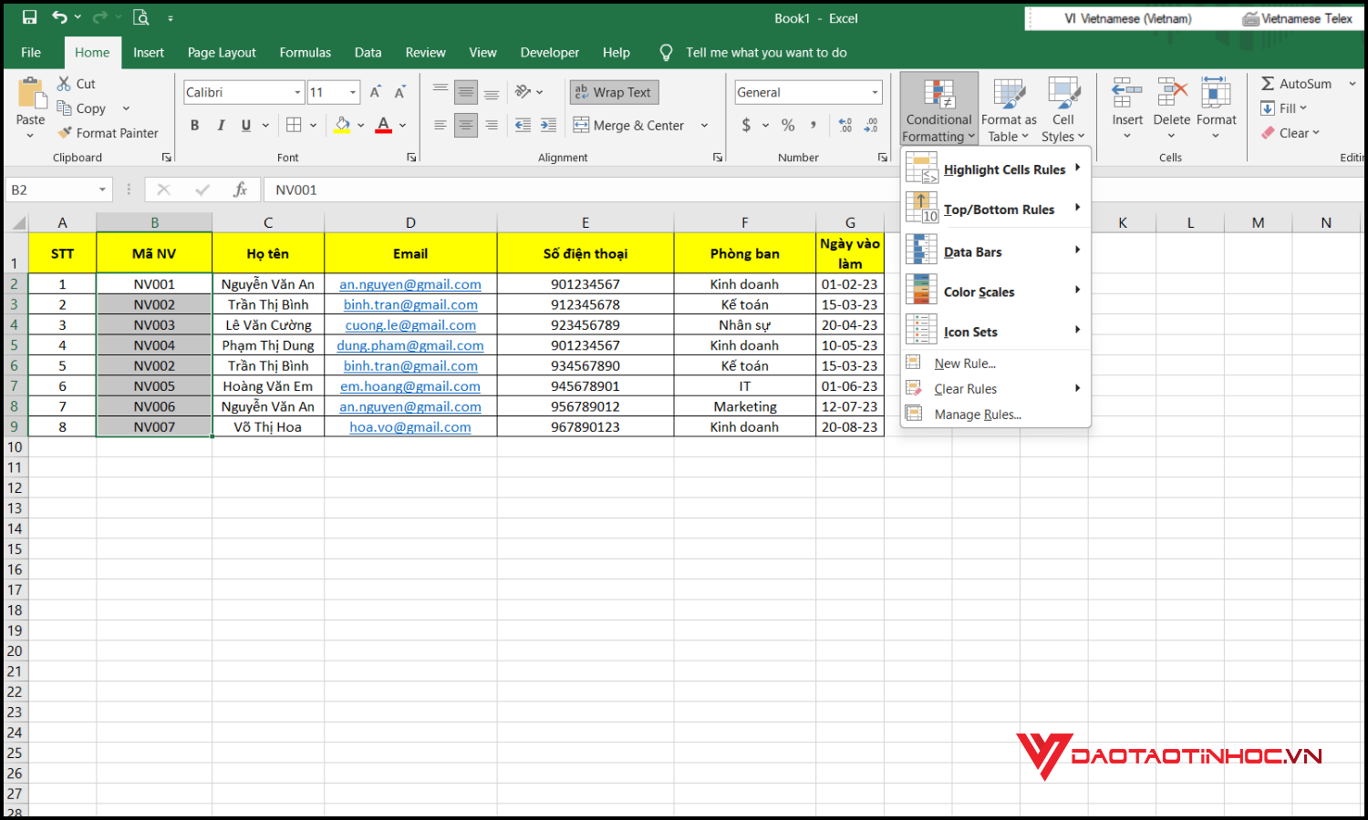 Cách báo trùng dữ liệu trong Excel bước 2