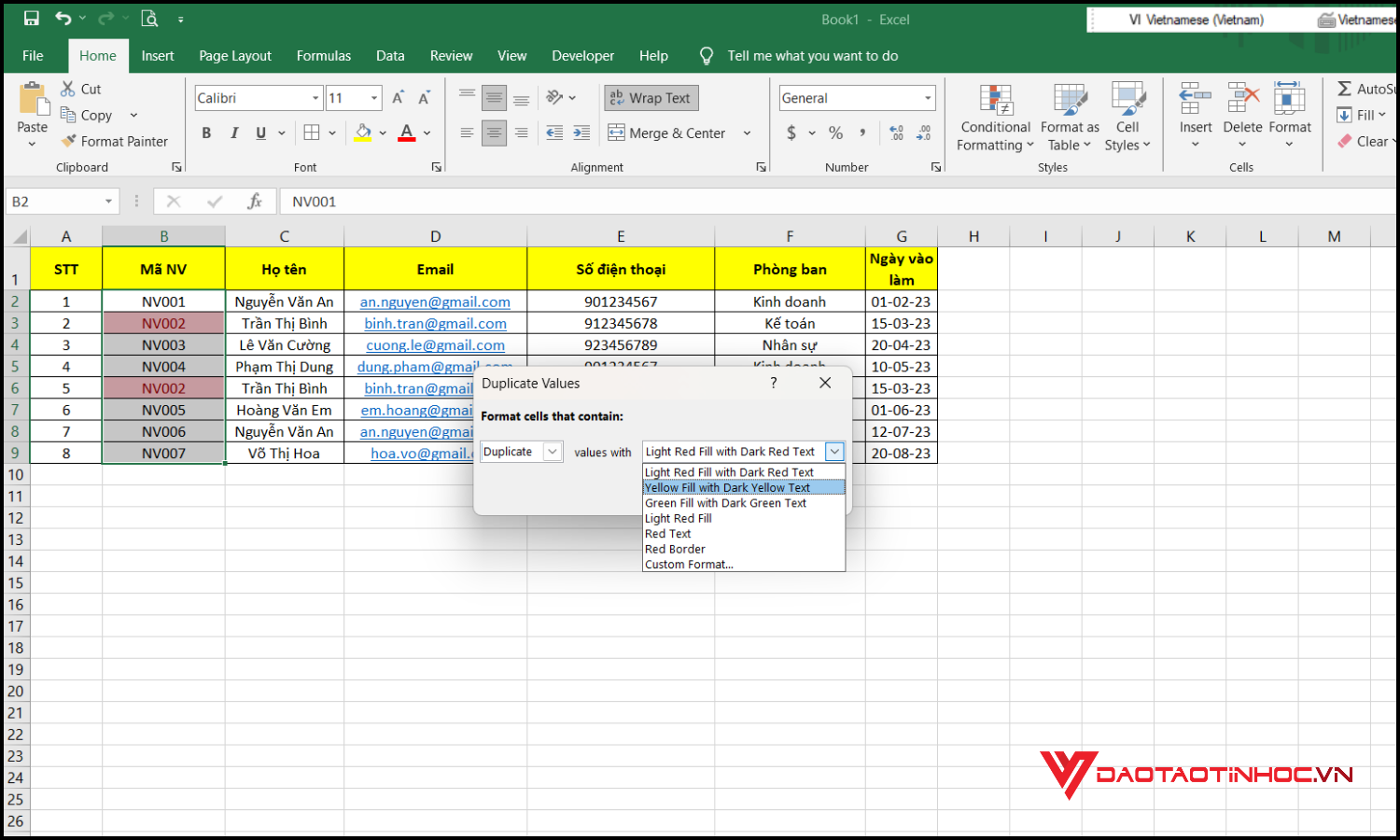 Cách báo trùng dữ liệu trong Excel bước 4
