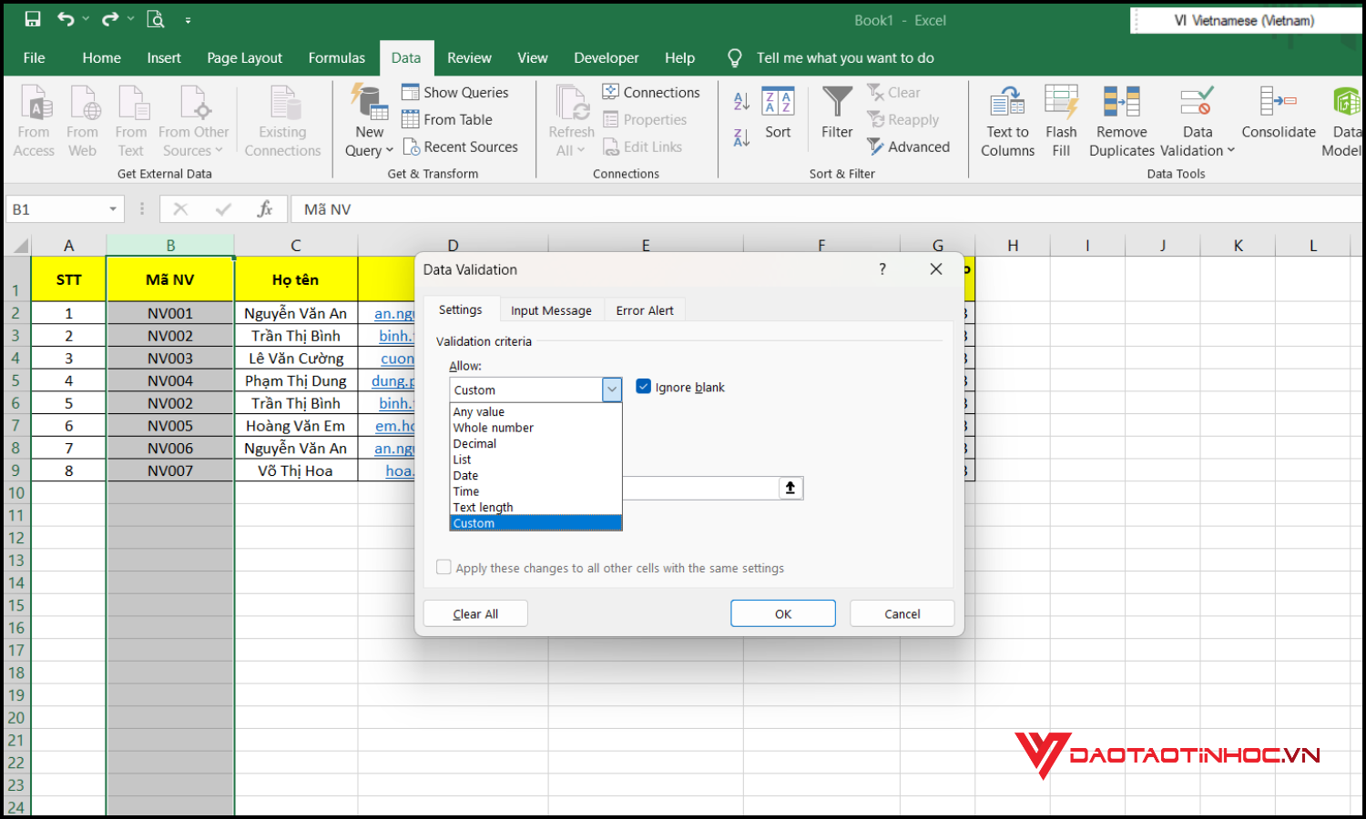 Cách cảnh báo trùng dữ liệu trong Excel khi nhập liệu bước 3