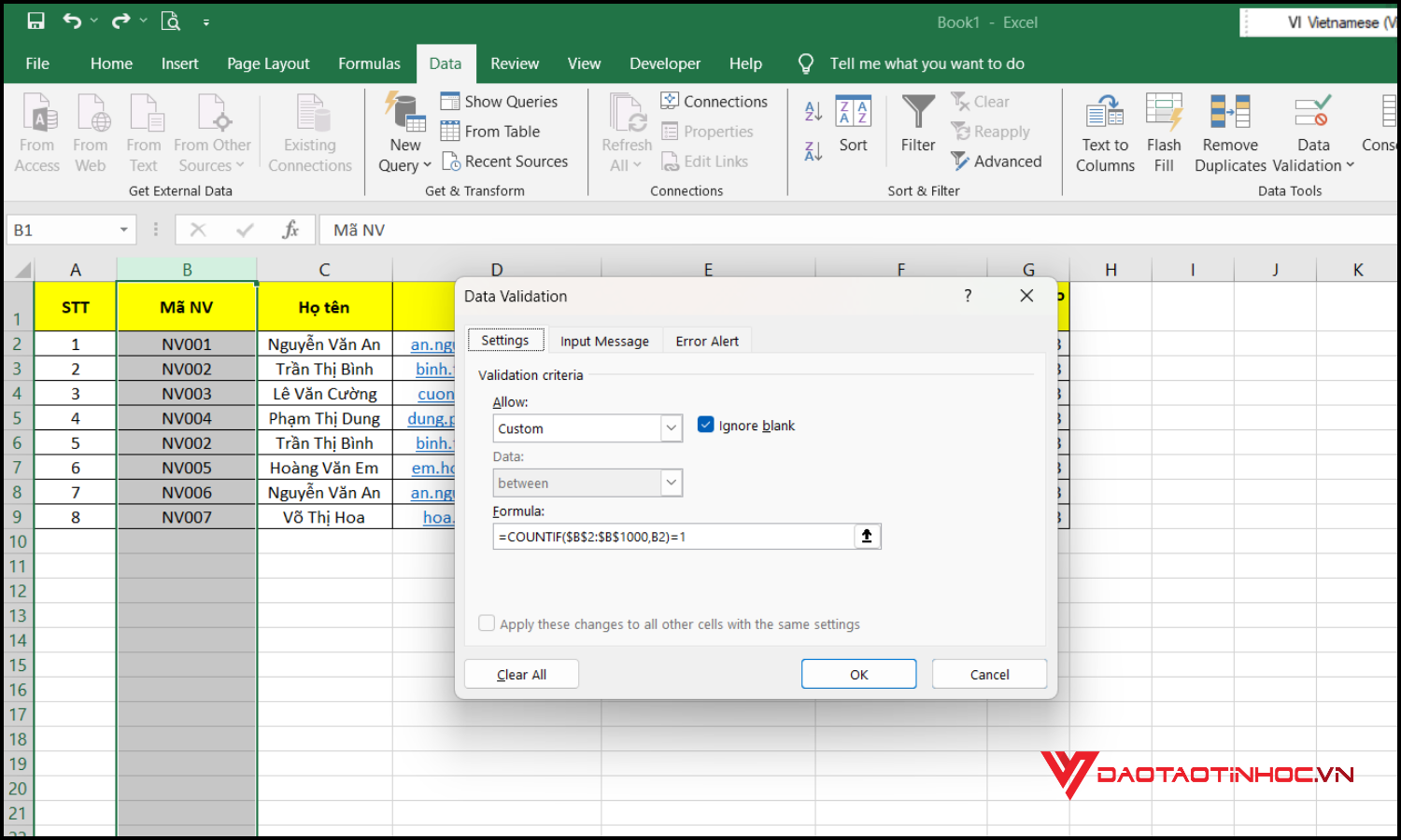 Cách cảnh báo trùng dữ liệu trong Excel khi nhập liệu bước 4