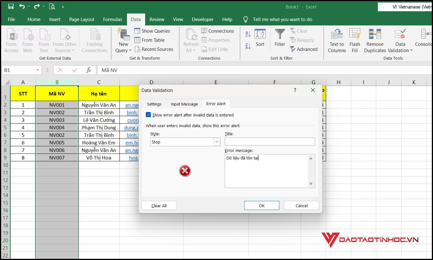 Cách cảnh báo trùng dữ liệu trong Excel khi nhập liệu bước 5