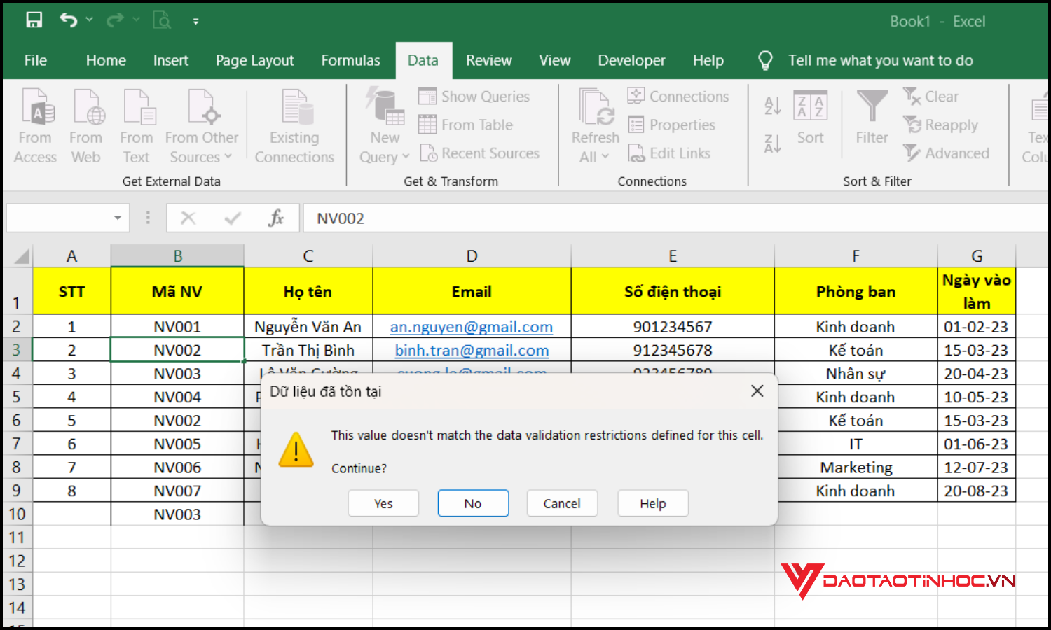 Cách cảnh báo trùng dữ liệu trong Excel khi nhập liệu bước 6