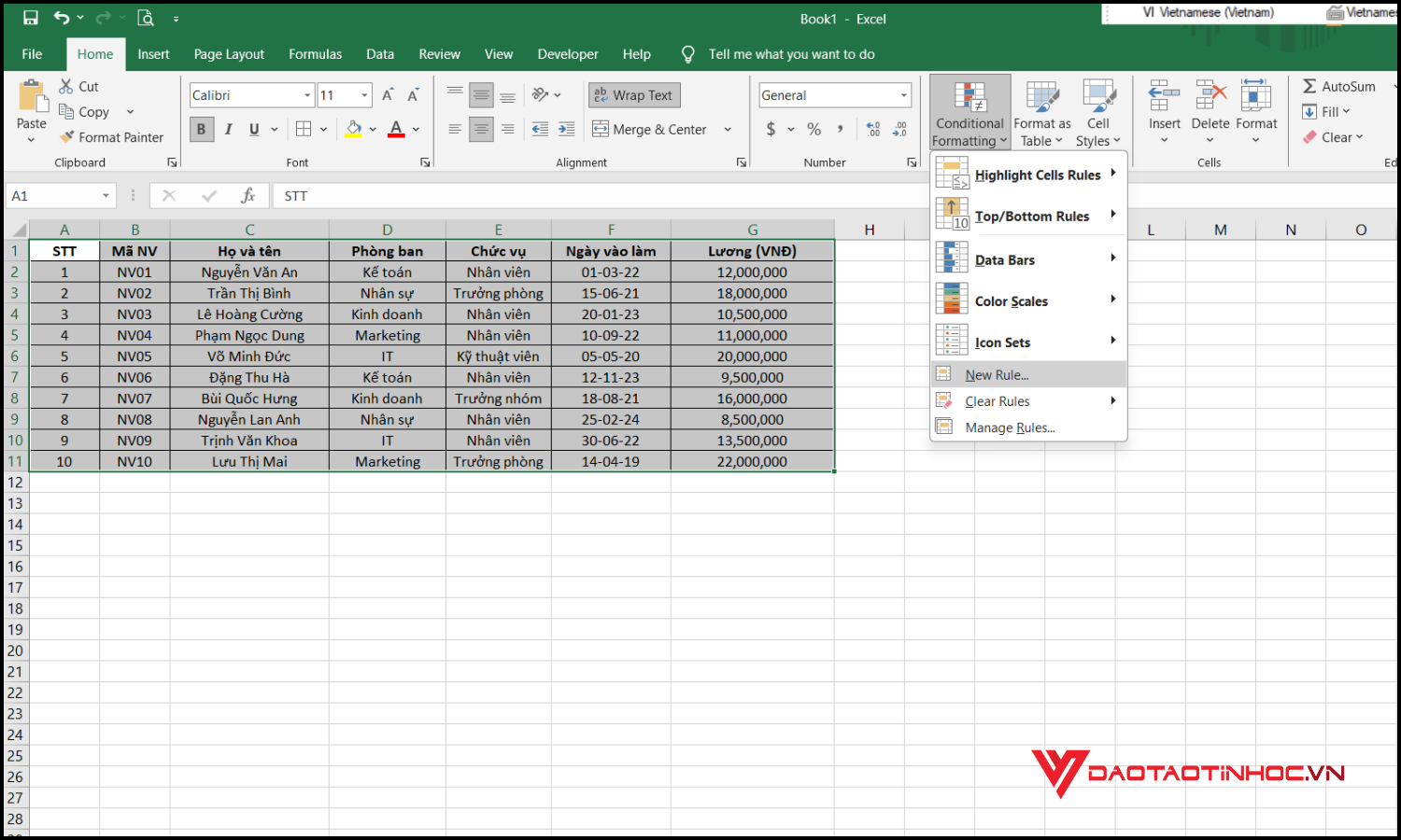 Cách định dạng màu xen kẽ cho bảng bằng Conditional Formatting bước 2