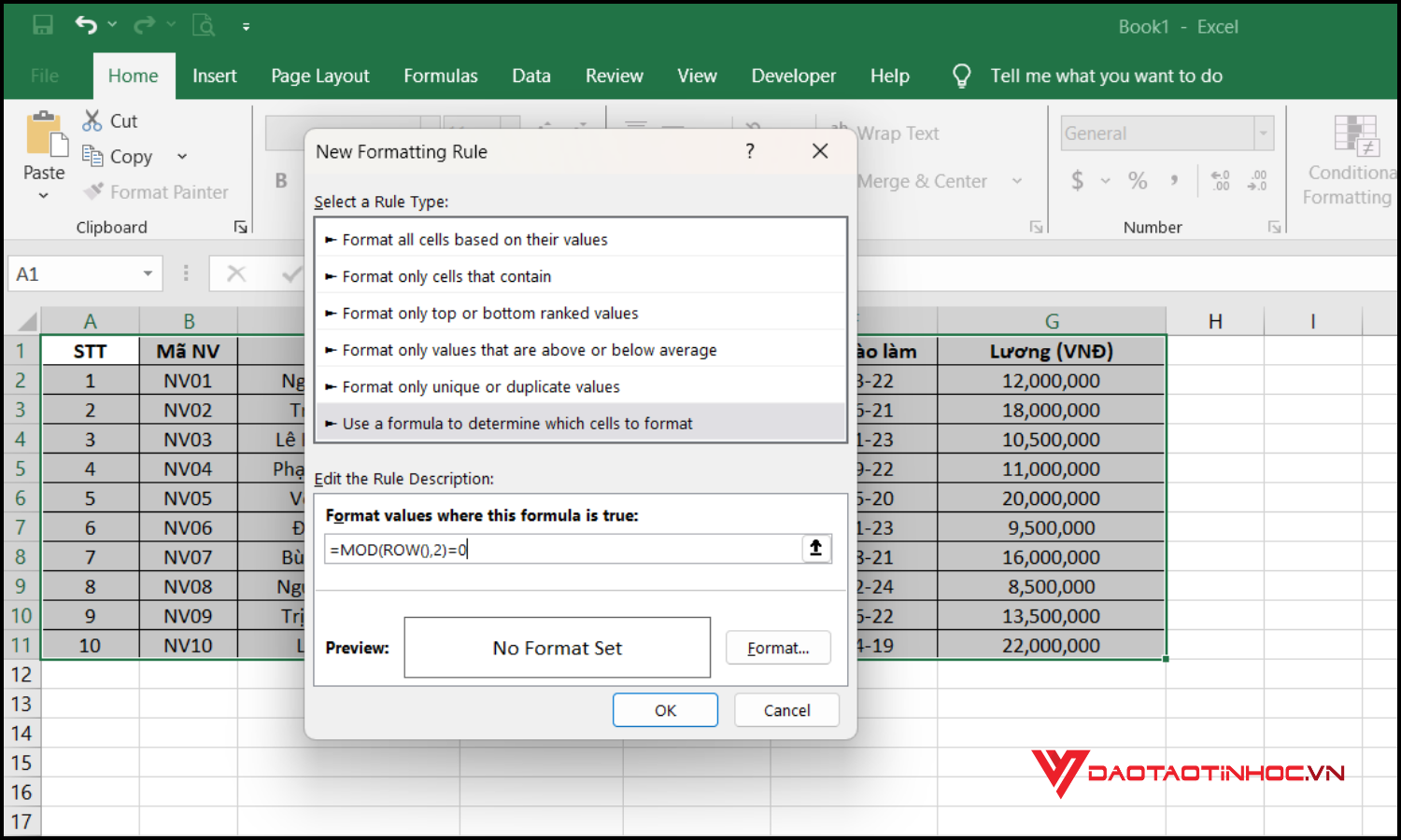 Cách định dạng màu xen kẽ cho bảng bằng Conditional Formatting bước 3