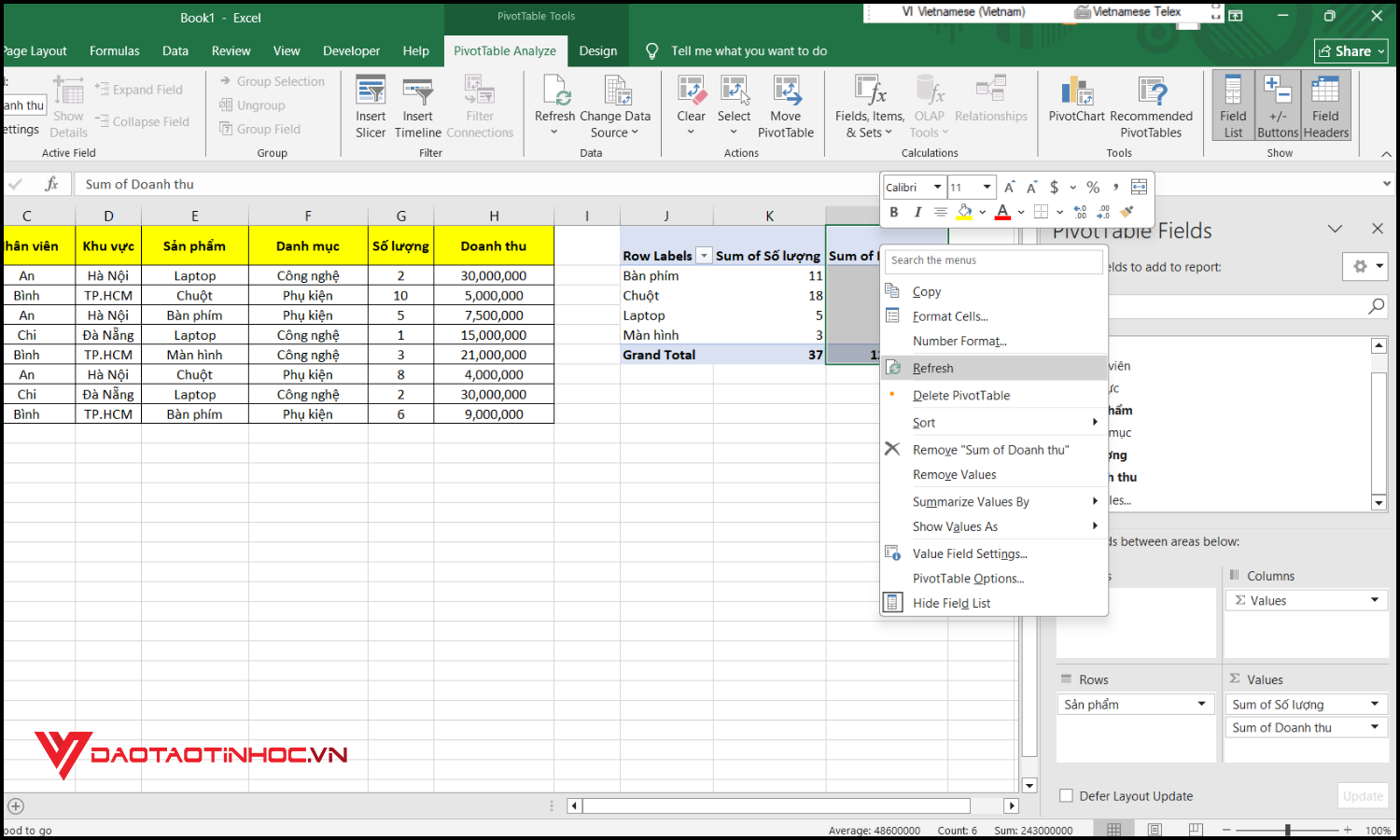 Cách dùng Pivot Table tính tổng trong Excel bước 5