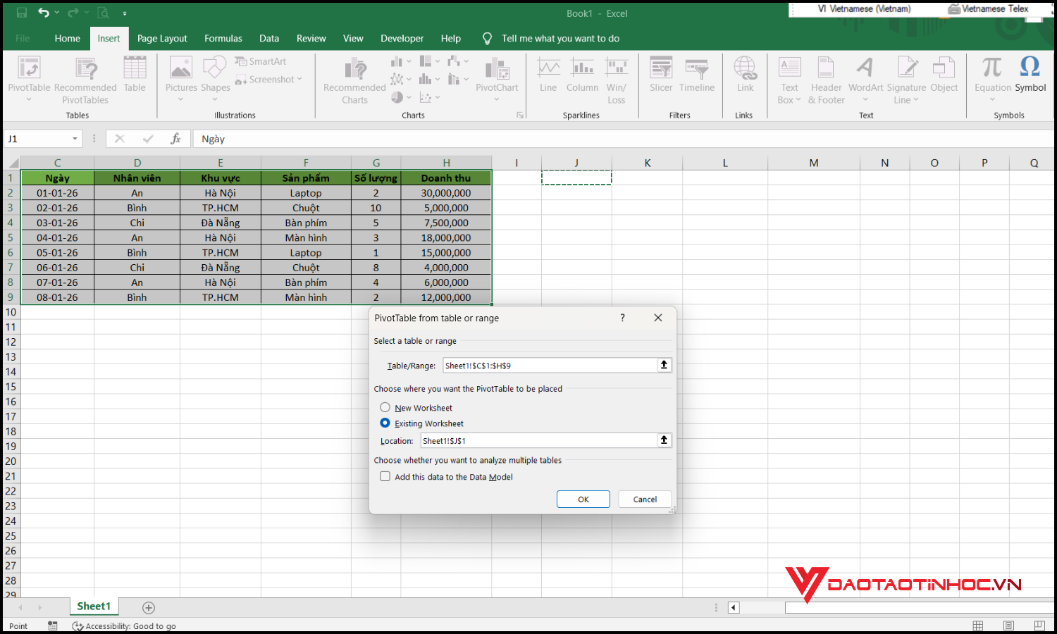 Cách tạo Slicer trong Pivot Table bước 1