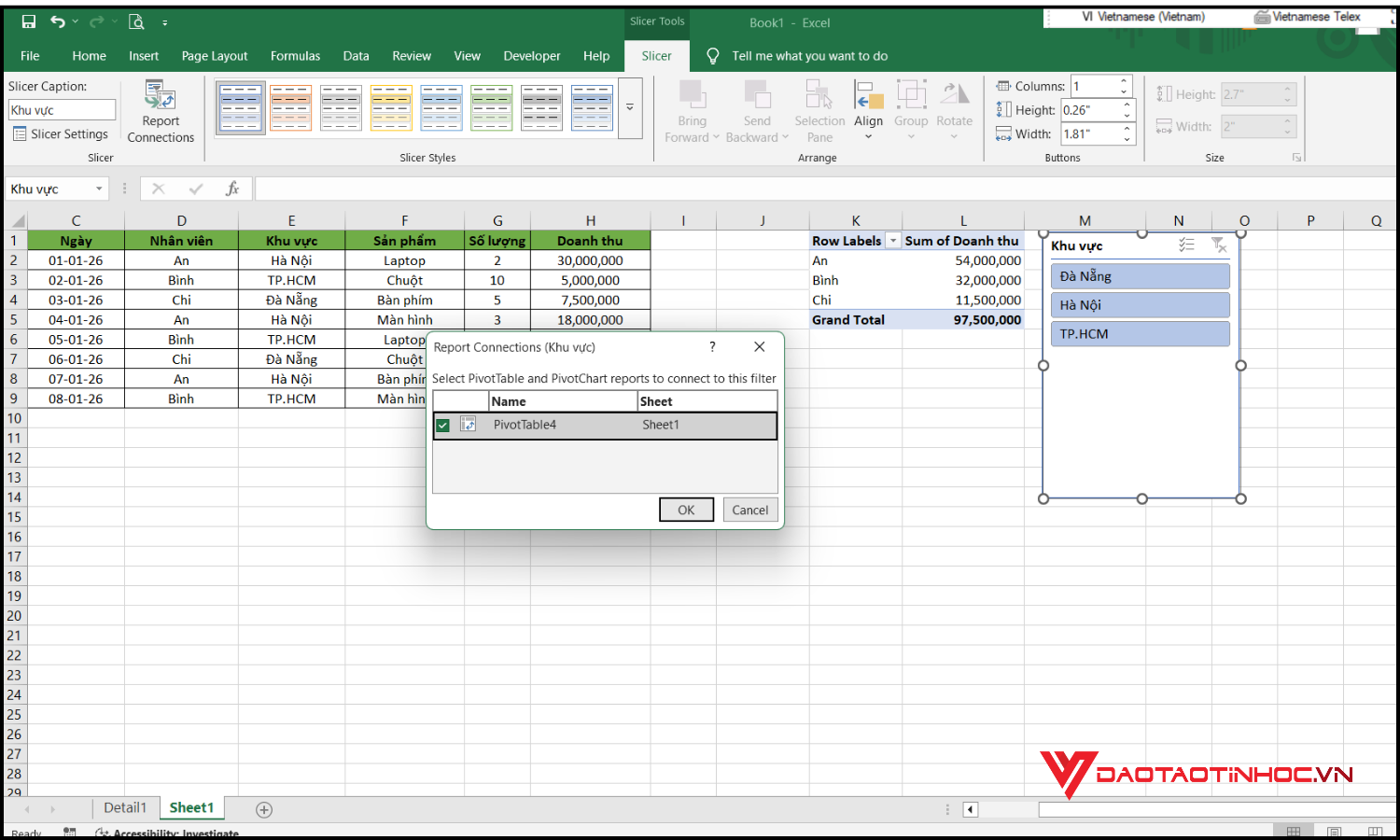Cách tạo Slicer trong Pivot Table bước 5