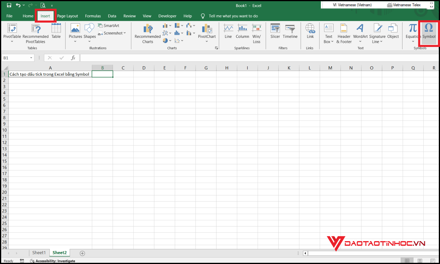Cách tạo dấu tick trong Excel bằng Symbol bước 2