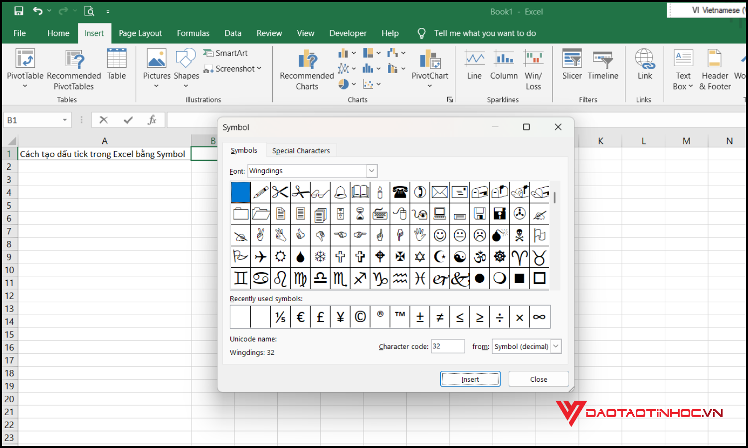 Cách tạo dấu tick trong Excel bằng Symbol bước 3