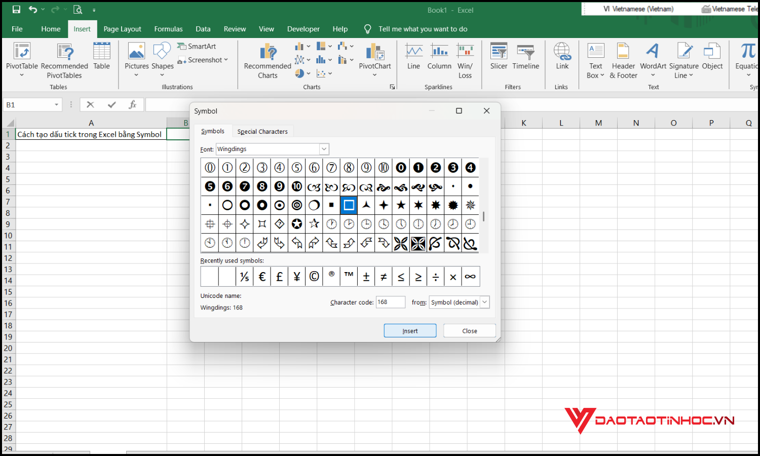 Cách tạo dấu tick trong Excel bằng Symbol bước 4