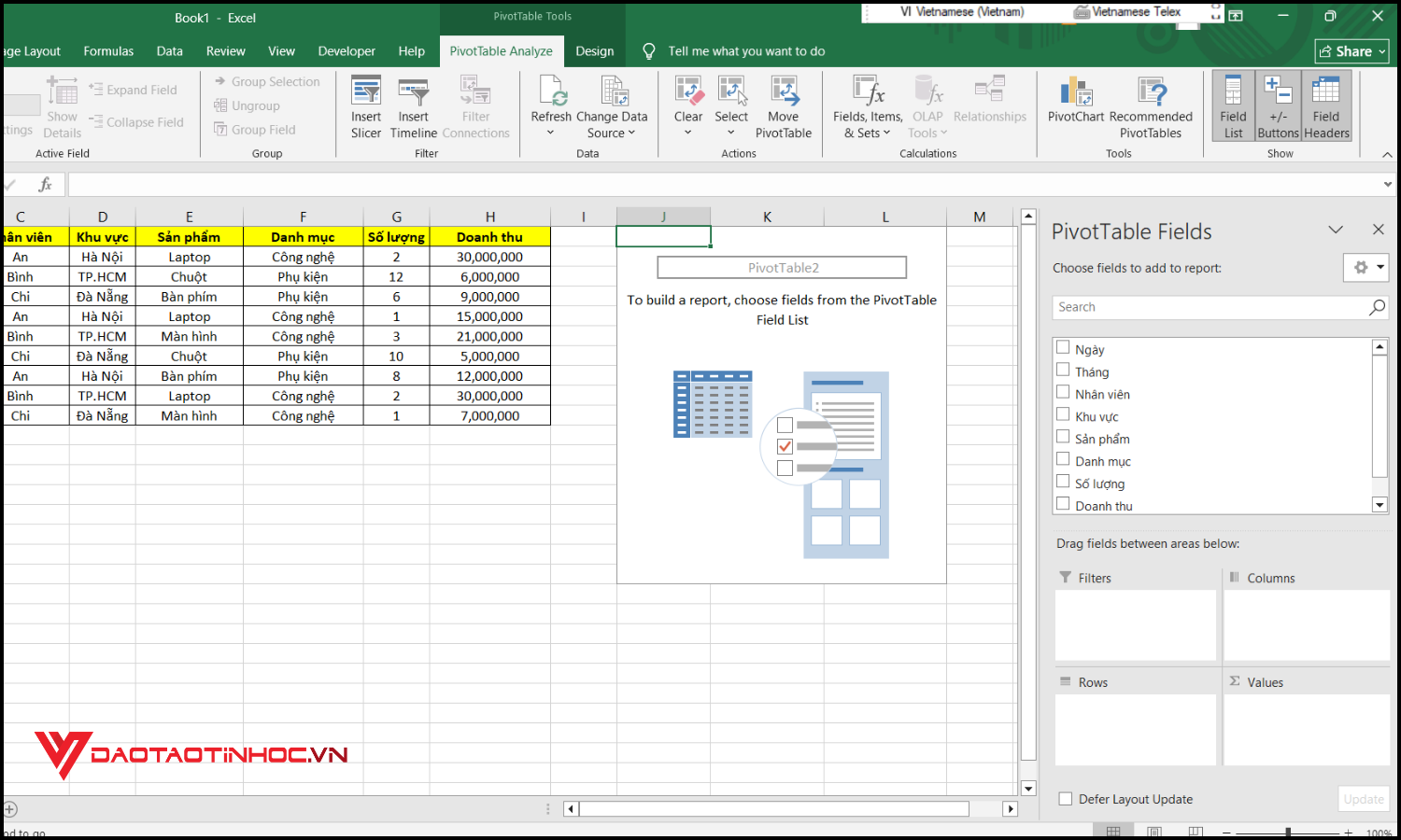 Cách vẽ biểu đồ Pivot Table bước 2