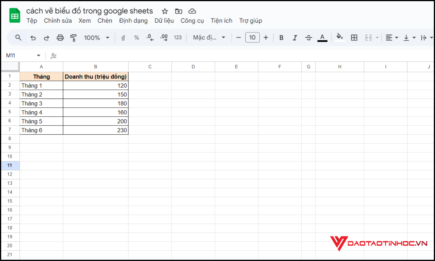Cách vẽ biểu đồ trong Google Sheets bước 1