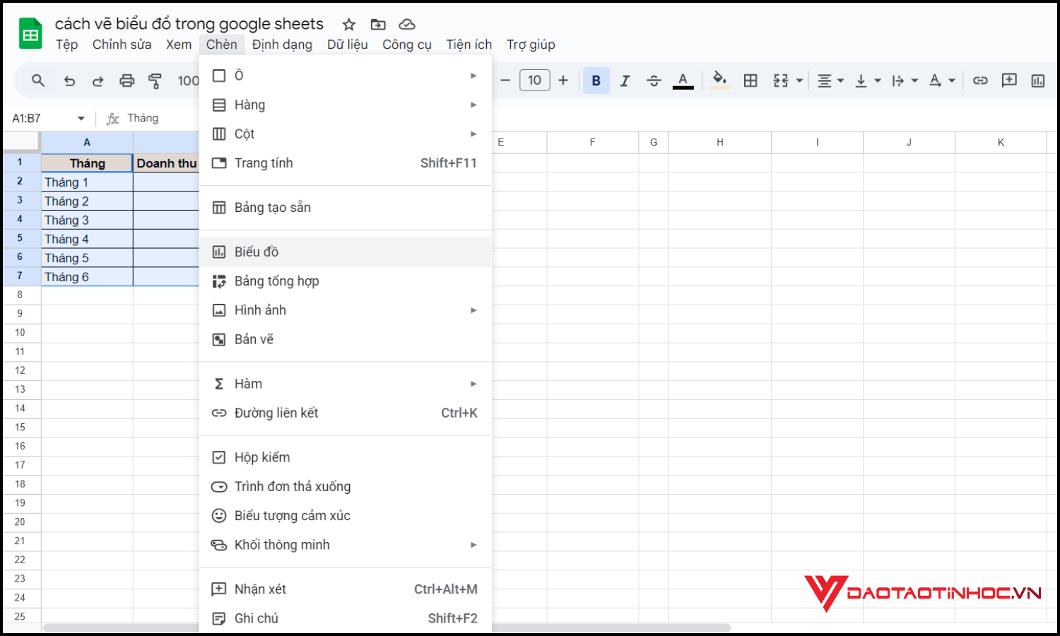 Cách vẽ biểu đồ trong Google Sheets bước 2